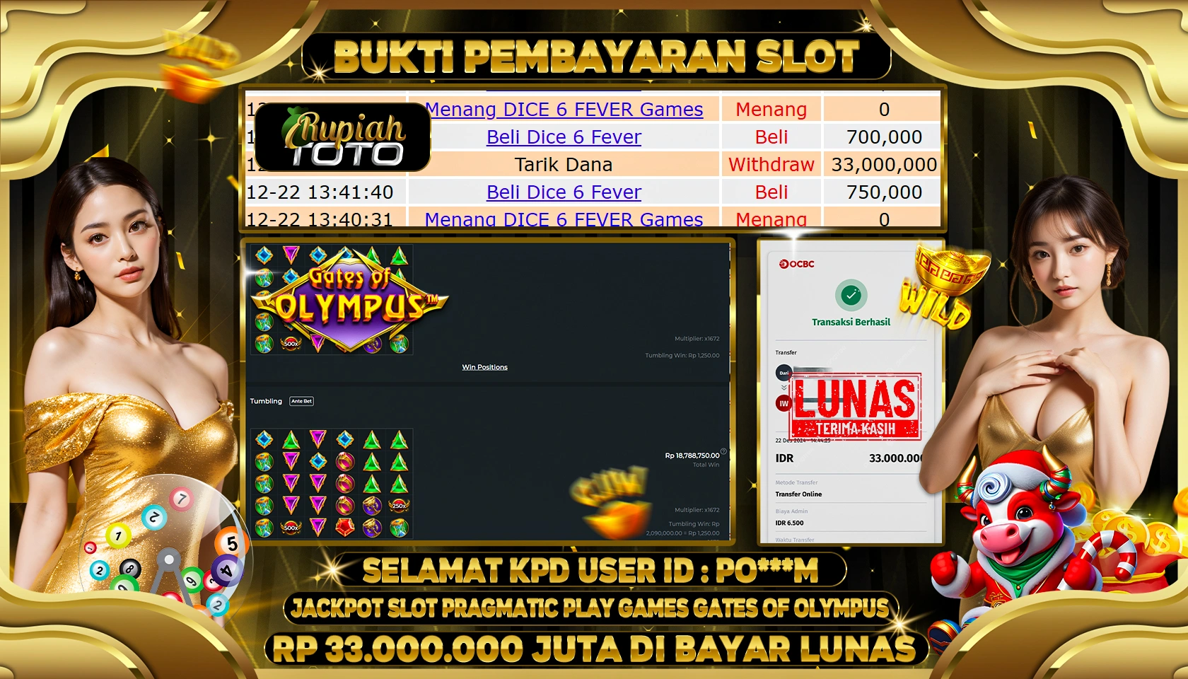 RUPIAHTOTO JACKPOT SLOT GAMES GATES OF OLYMPUS RP 33.000.000 JUTA LUNAS