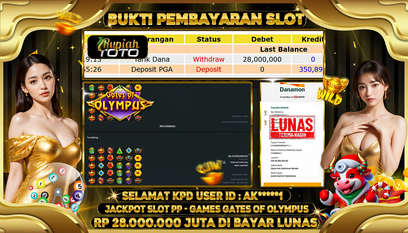 RUPIAHTOTO JACKPOT SLOT GAMES GATES OF OLYMPUS RP 28.000.000 JUTA LUNAS