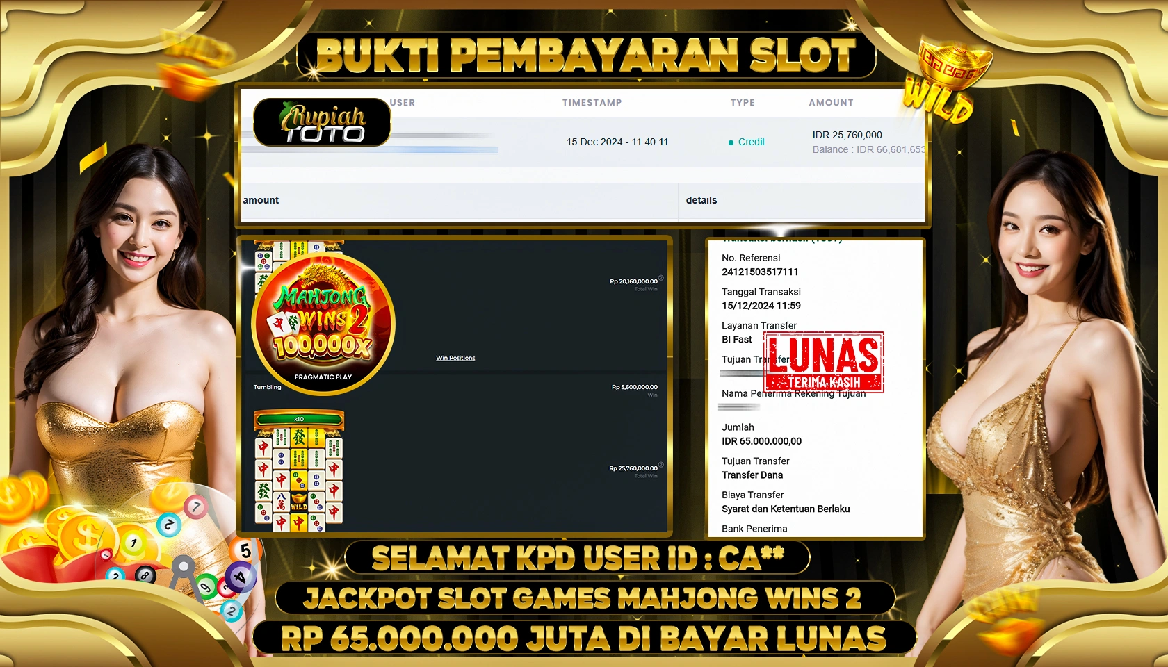 RUPIAHTOTO JACKPOT SLOT GAMES MAHJONG WINS 2 RP. 65.000.000 JUTA LUNAS