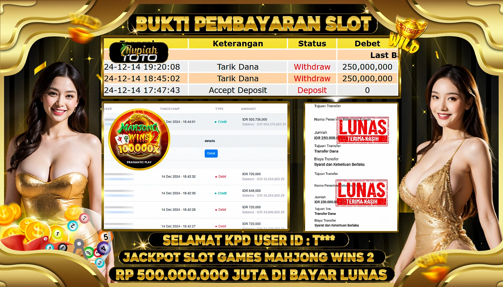 RUPIAHTOTO JACKPOT SLOT GAMES MAHJONG WINS 2 RP. 500.000.000 RATUS JUTA LUNAS