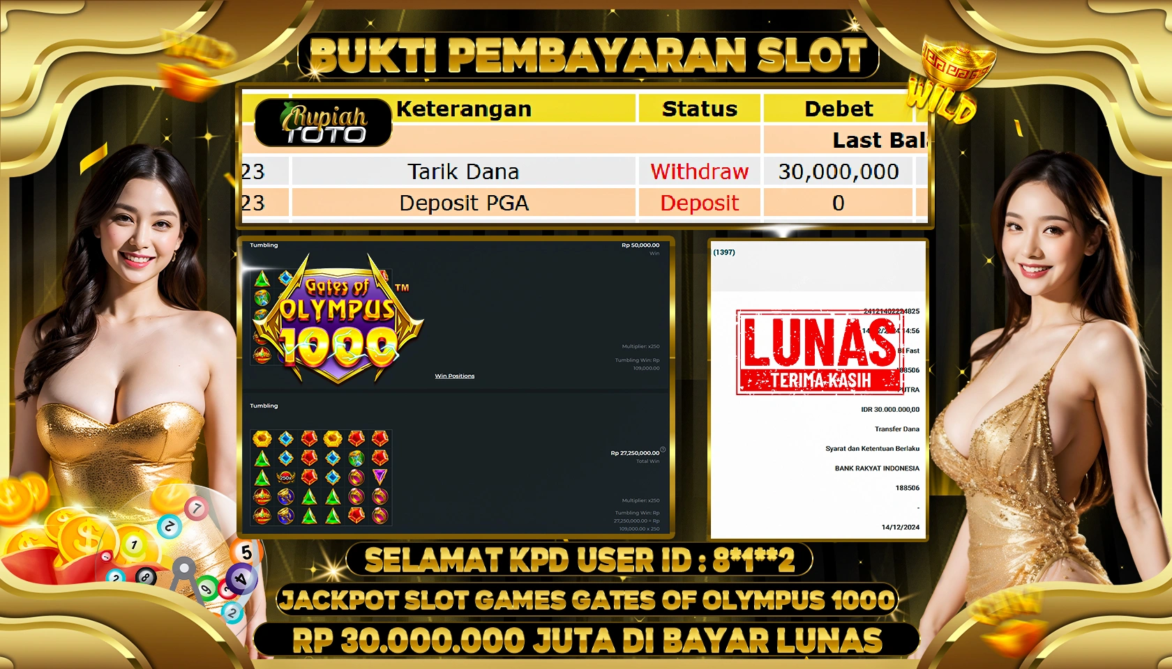 RUPIAHTOTO JACKPOT SLOT GAMES GATES OF OLYMPUS 1000 RP. 30.000.000 JUTA LUNAS