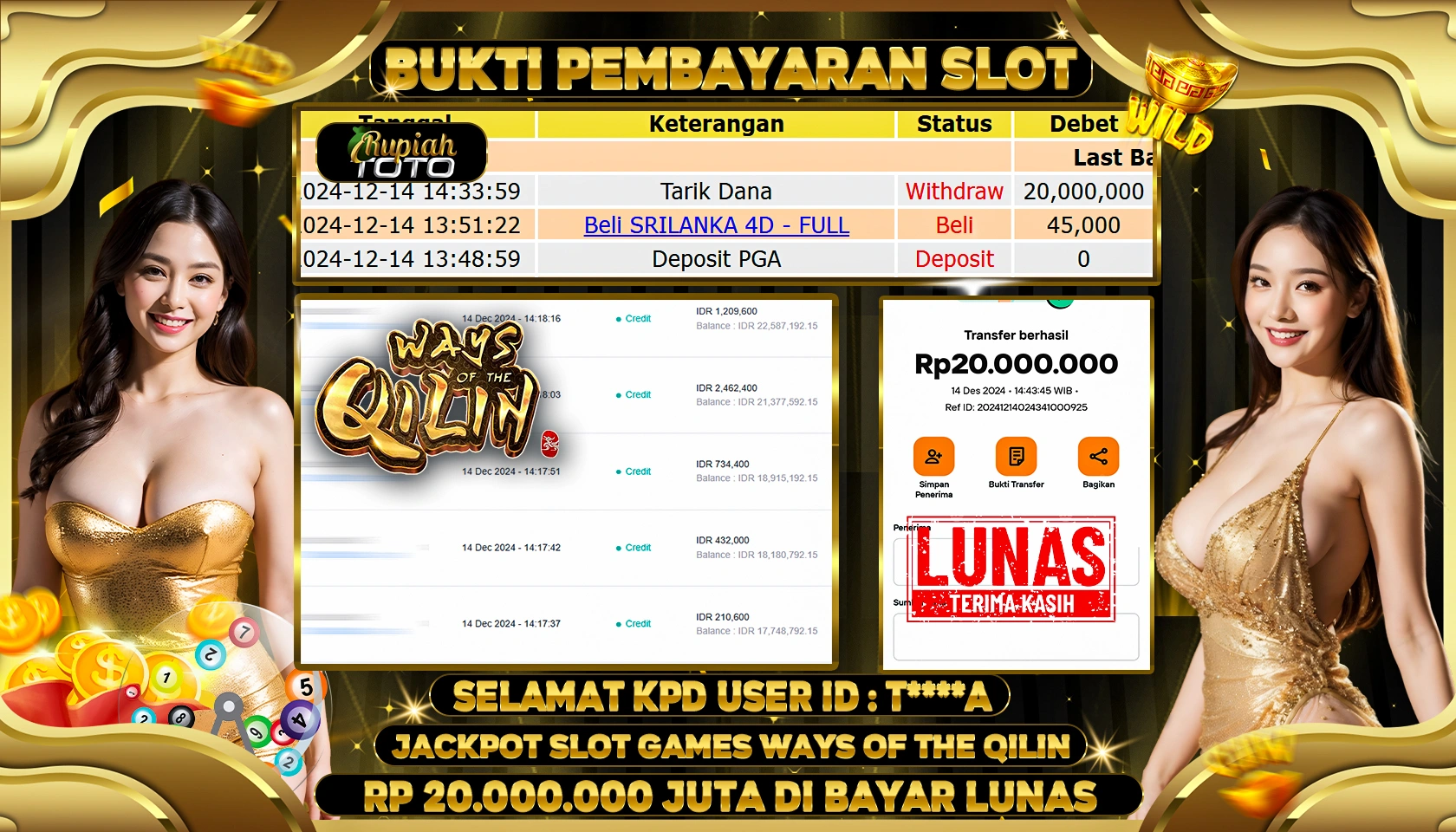 RUPIAHTOTO JACKPOT SLOT GAMES WAYS OF THE QILIN RP. 20.000.000 JUTA LUNAS