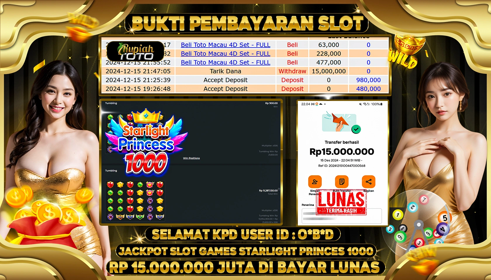 RUPIAHTOTO JACKPOT SLOT GAMES STARLIGHT PRINCESS 1000 RP. 15.000.000 JUTA LUNAS