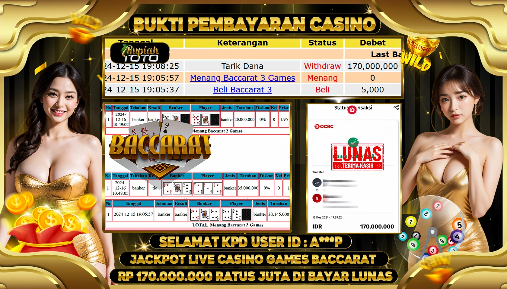 RUPIAHTOTO JACKPOT CASINO GAMES BACCARAT RP. 170.000.000 RATUS JUTA LUNAS