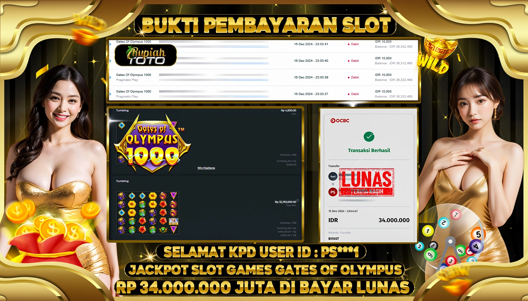 RUPIAHTOTO JACKPOT SLOT GAMES GATES OF OLYMPUS 1000 RP. 34.000.000 JUTA LUNAS