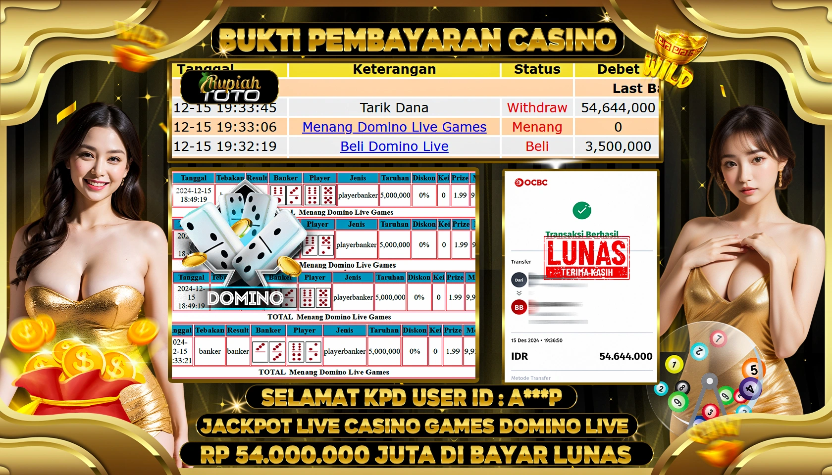 RUPIAHTOTO JACKPOT CASINO GAMES DOMINO LIVE RP. 54.000.000 JUTA LUNAS
