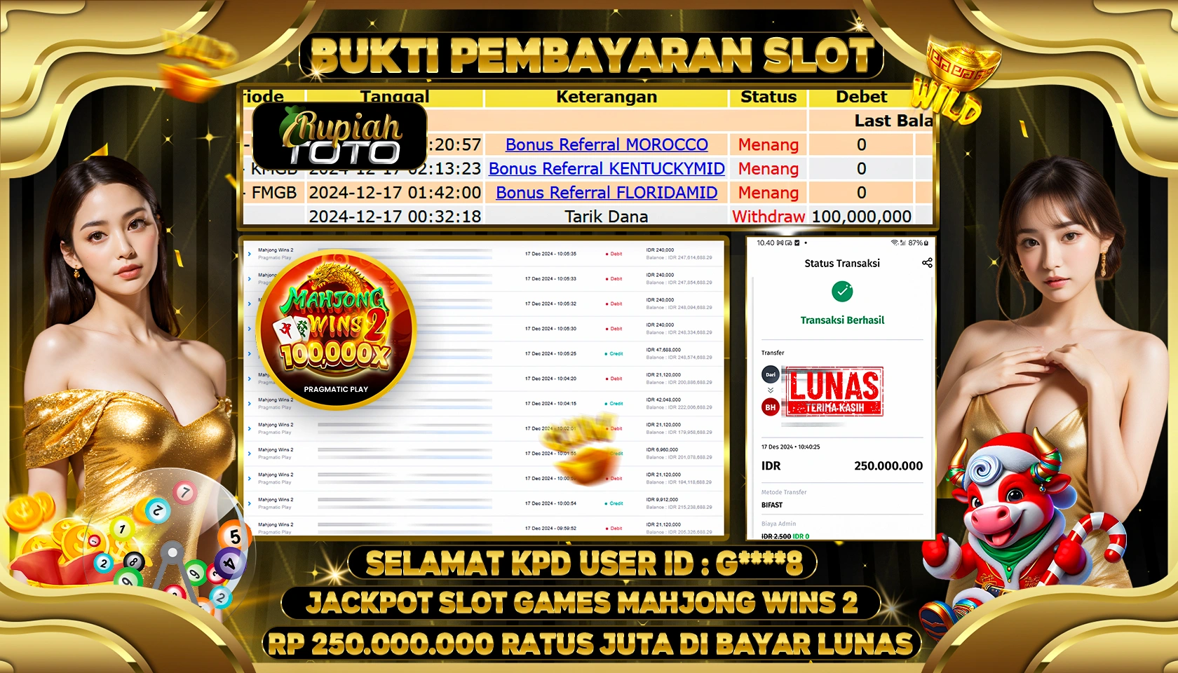 RUPIAHTOTO JACKPOT SLOT GAMES MAHJONG WINS 2 RP.250.000.000 RATUS JUTA LUNAS