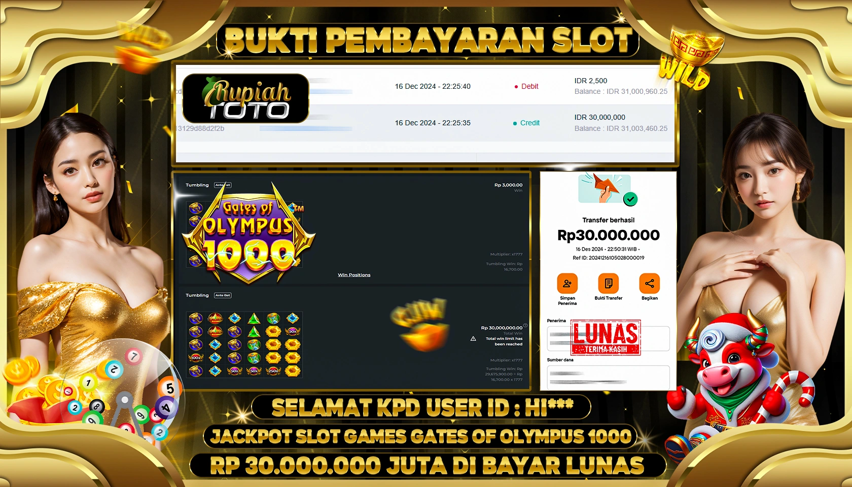 RUPIAHTOTO JACKPOT SLOT GAMES GATES OF OLYMPUS 1000 RP.30.000.000 JUTA LUNAS