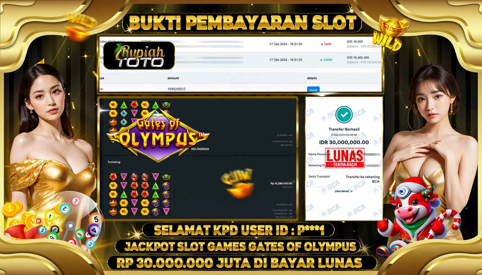 RUPIAHTOTO JACKPOT SLOT GAMES GATES OF OLYMPUS RP.30.000.000 JUTA LUNAS