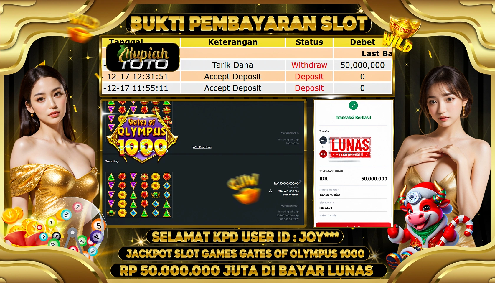 RUPIAHTOTO JACKPOT SLOT GAMES GATES OF OLYMPUS 1000 RP. 50.000.000 JUTA LUNAS