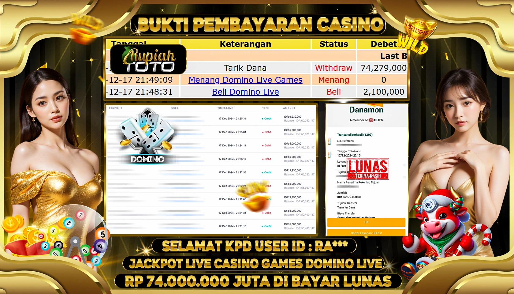 RUPIAHTOTO JACKPOT CASINO GAMES DOMINO LIVE RP.74.000.000 JUTA LUNAS