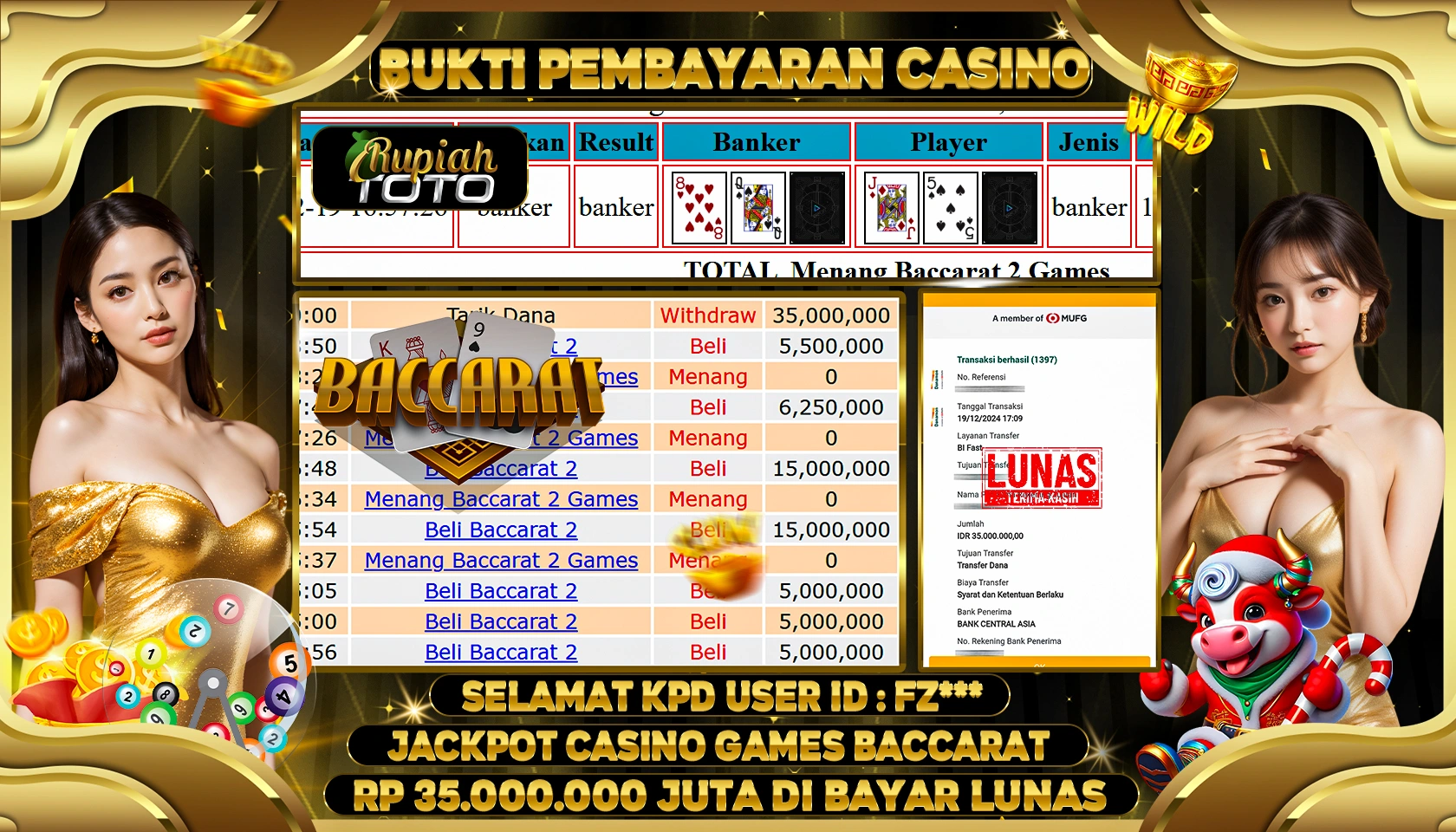 RUPIAHTOTO JACKPOT LIVE CASINO GAMES BACCARAT RP.35.000.000 JUTA LUNAS