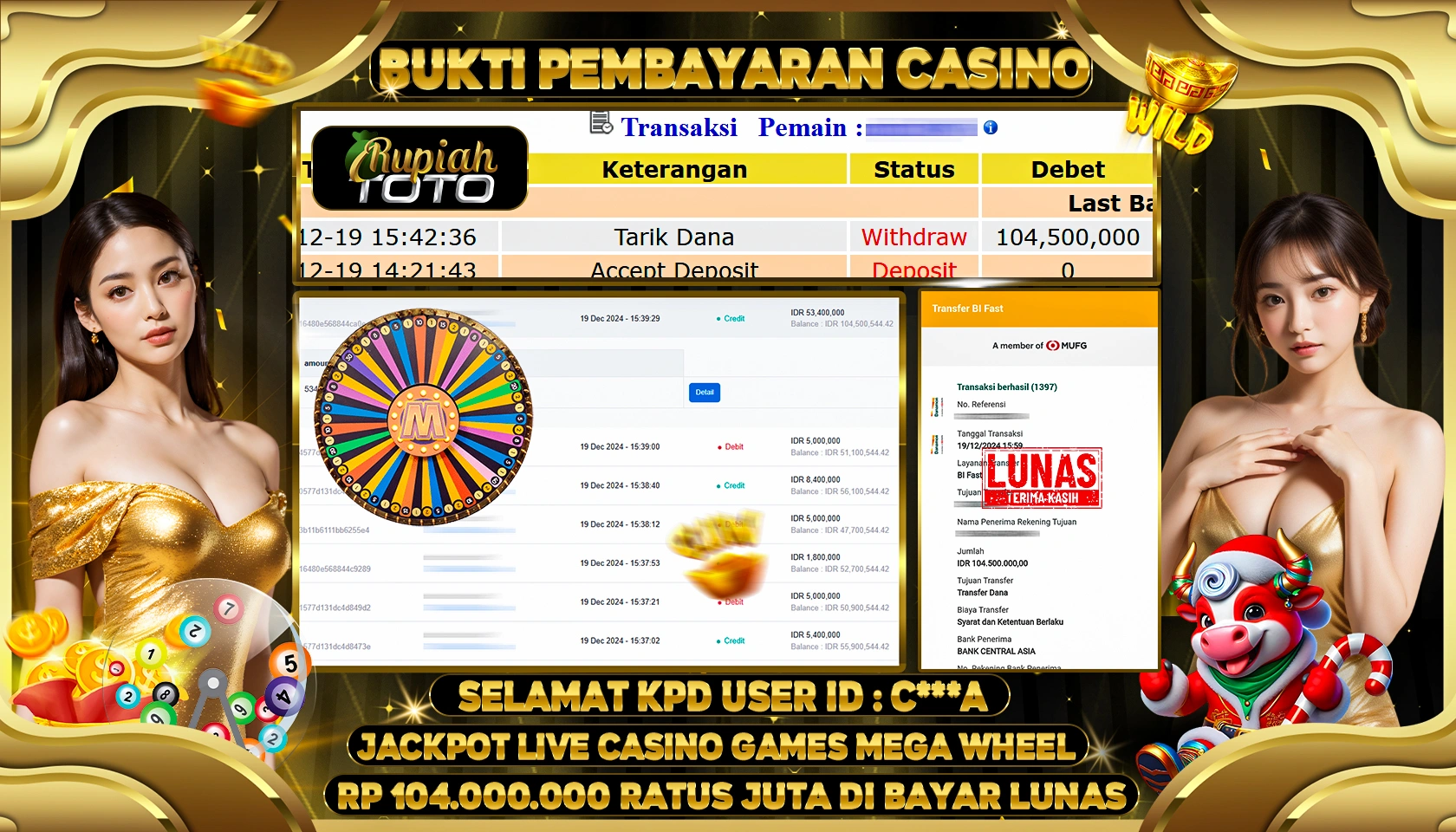 RUPIAHTOTO JACKPOT LIVE CASINO GAMES BACCARAT RP.104.000.000 RATUS JUTA LUNAS