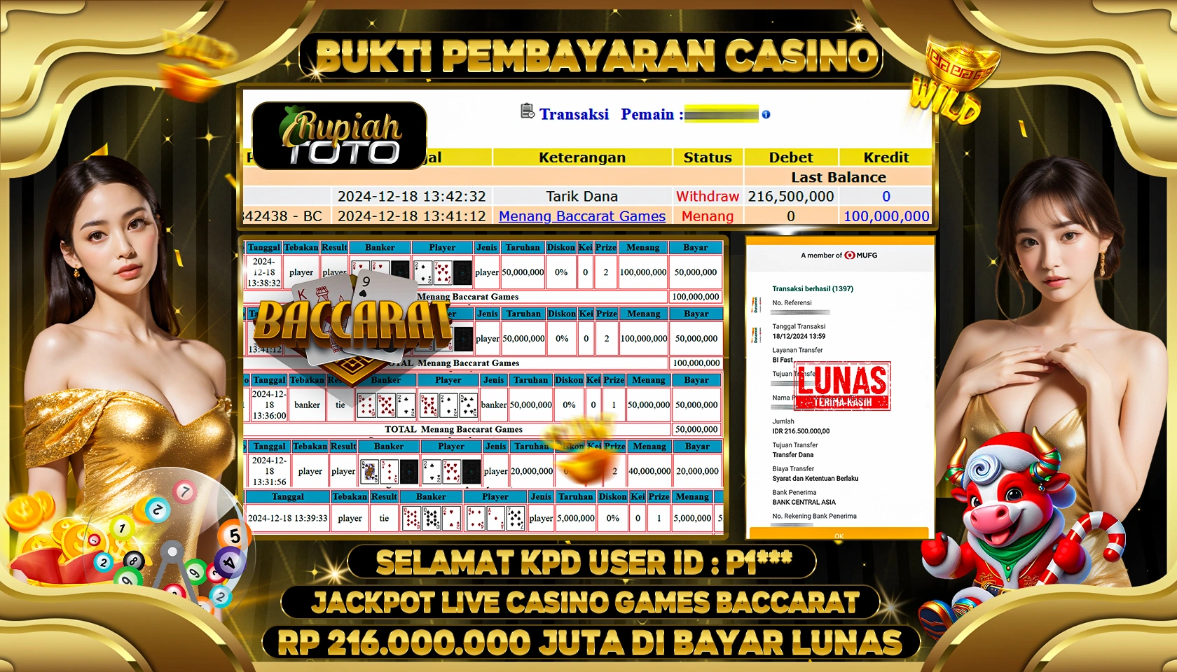 RUPIAHTOTO JACKPOT CASINO GAMES BACCARAT RP.216.000.000 RATUS JUTA LUNAS