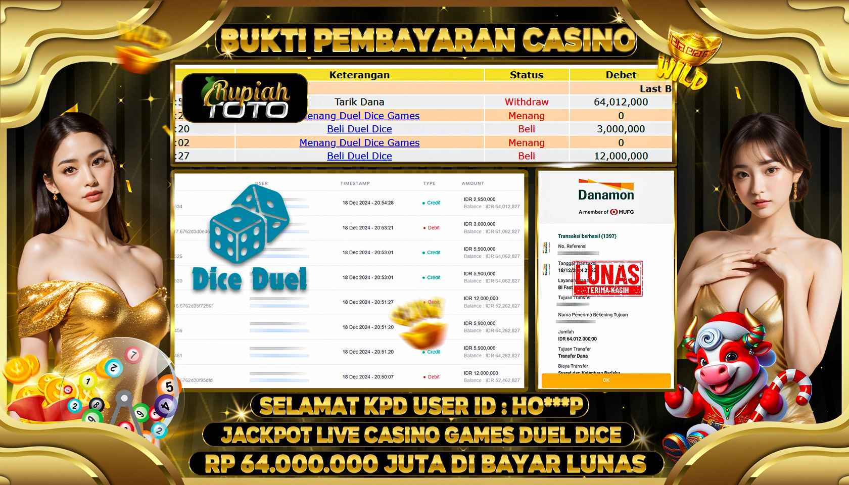 RUPIAHTOTO JACKPOT LIVE CASINO GAMES DUEL DICE RP.64.000.000 JUTA LUNAS