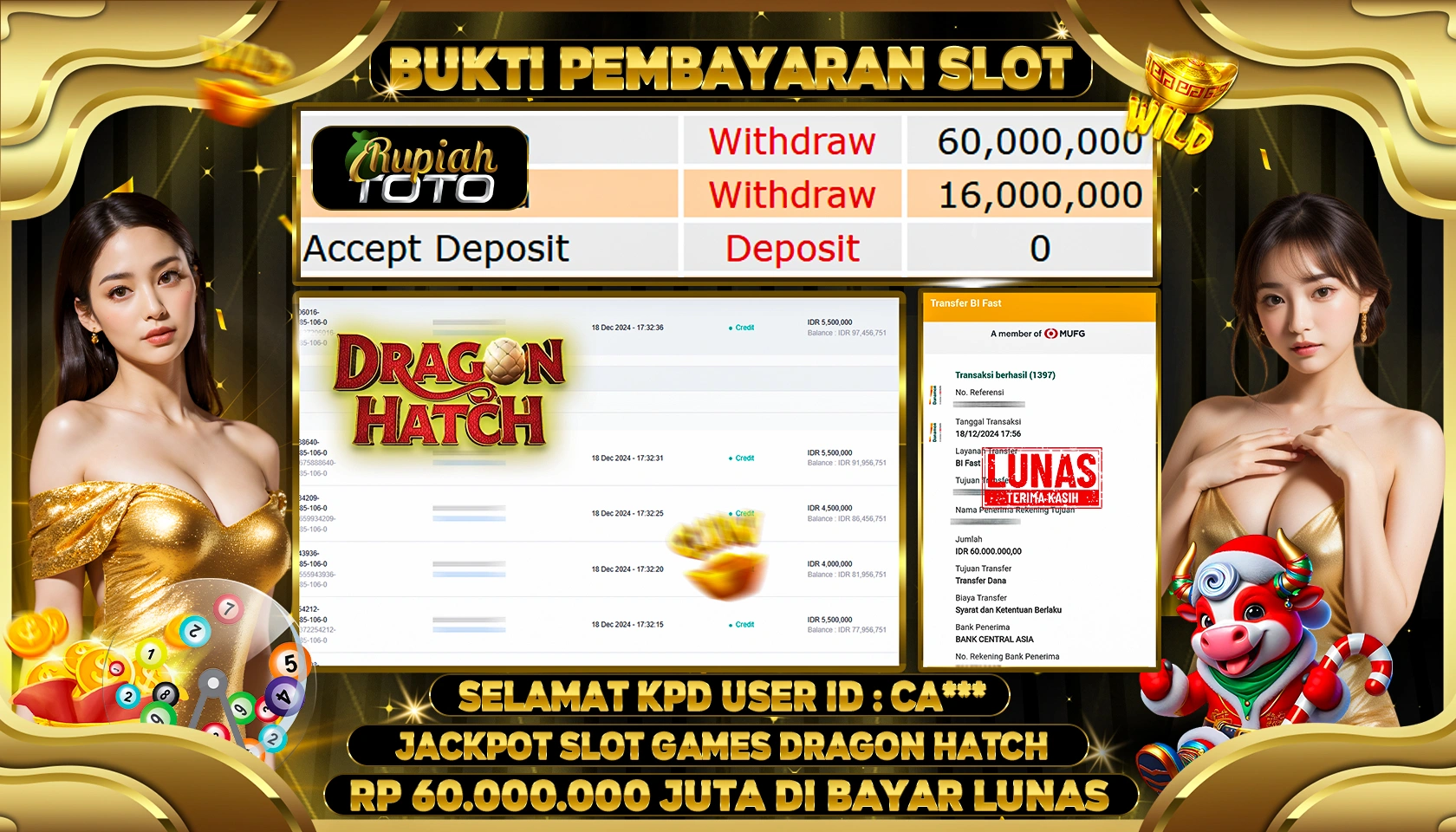 RUPIAHTOTO JACKPOT SLOT GAMES DRAGON HATCH RP.60.000.000 JUTA LUNAS