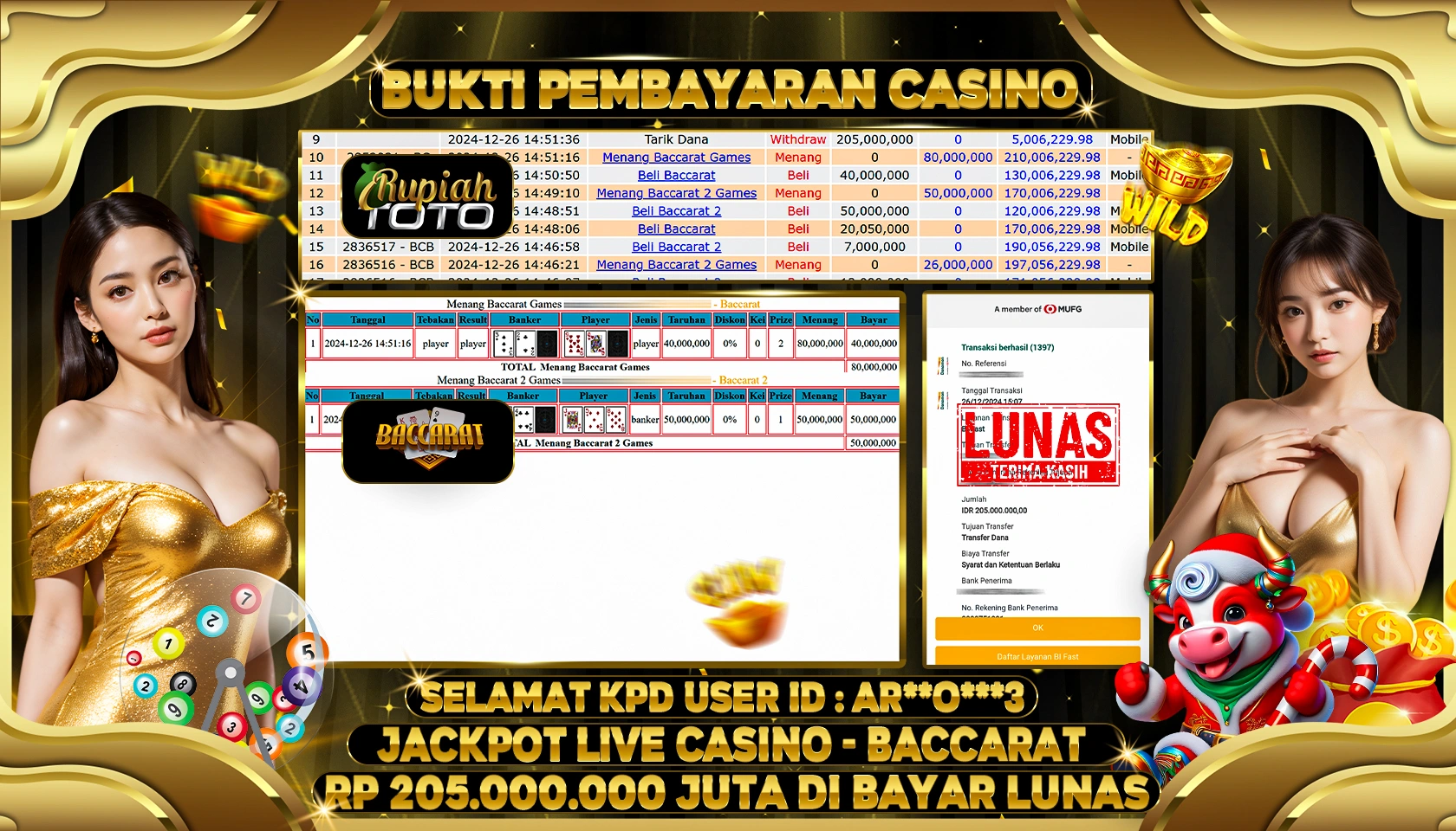 RUPIAHTOTO JACKPOT LIVE CASINO GAMES BACCARAT RP 205.000.000 RATUS JUTA LUNAS
