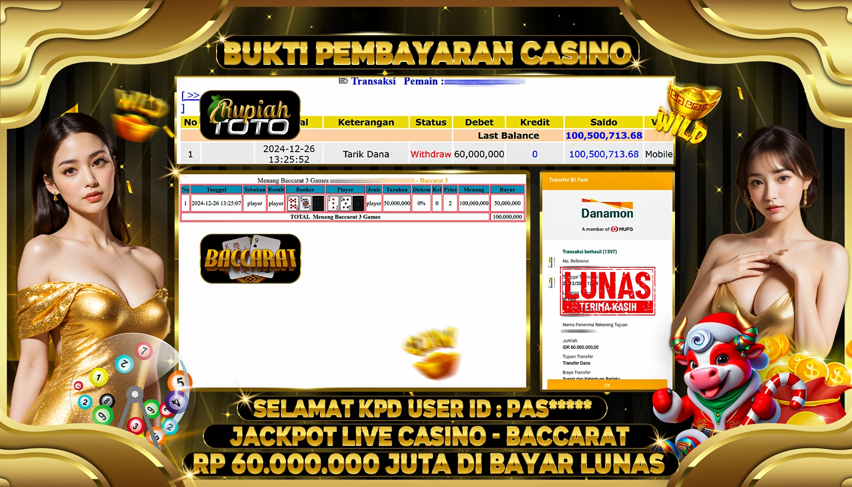 RUPIAHTOTO JACKPOT LIVE CASINO GAMES BACCARAT RP 60.000.000 JUTA LUNAS