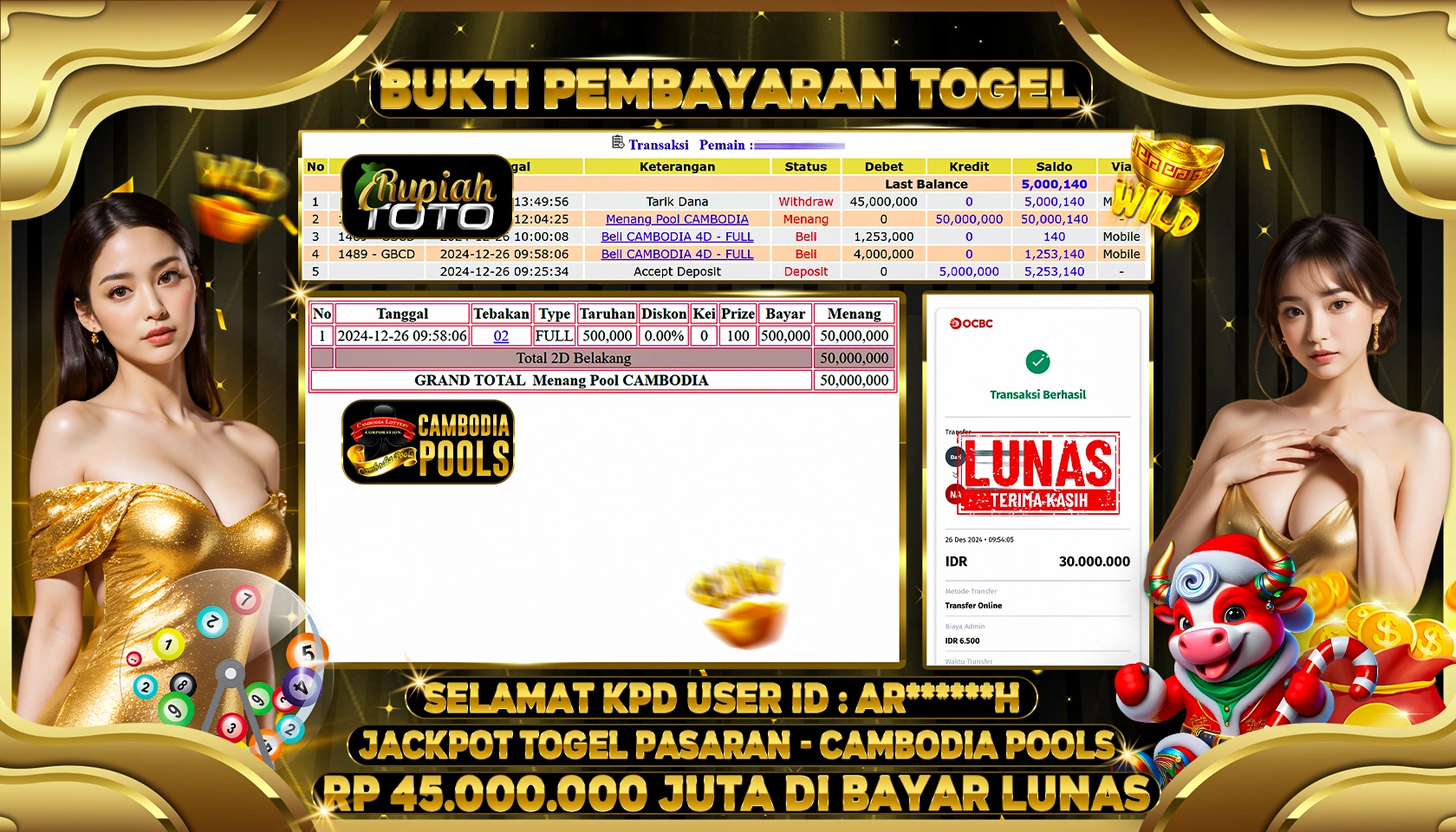 RUPIAHTOTO JACKPOT TOGEL PASARAN CAMBODIA POOLS RP 45.000.000 JUTA LUNAS