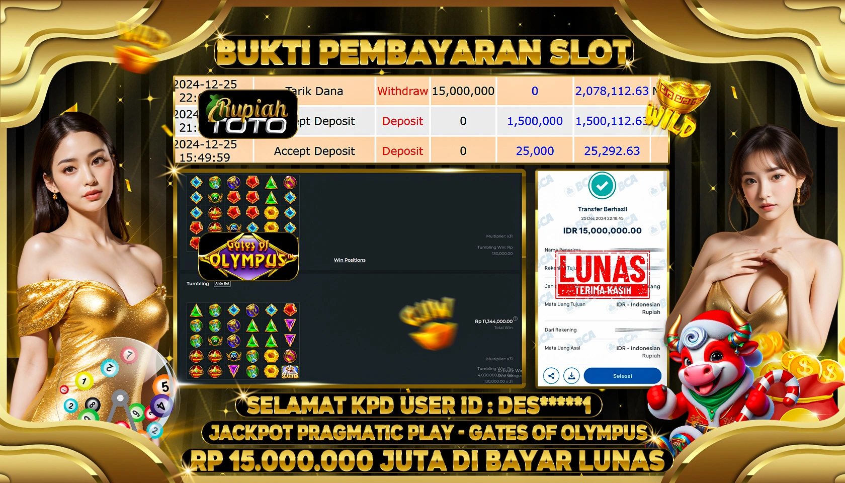 RUPIAHTOTO JACKPOT SLOT GAMES GATES OF OLYMPUS RP 15.000.000 JUTA LUNAS
