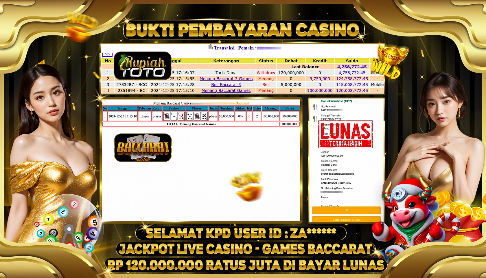 RUPIAHTOTO JACKPOT LIVE CASINO GAMES BACCARAT RP 120.000.000 RATUS JUTA LUNAS