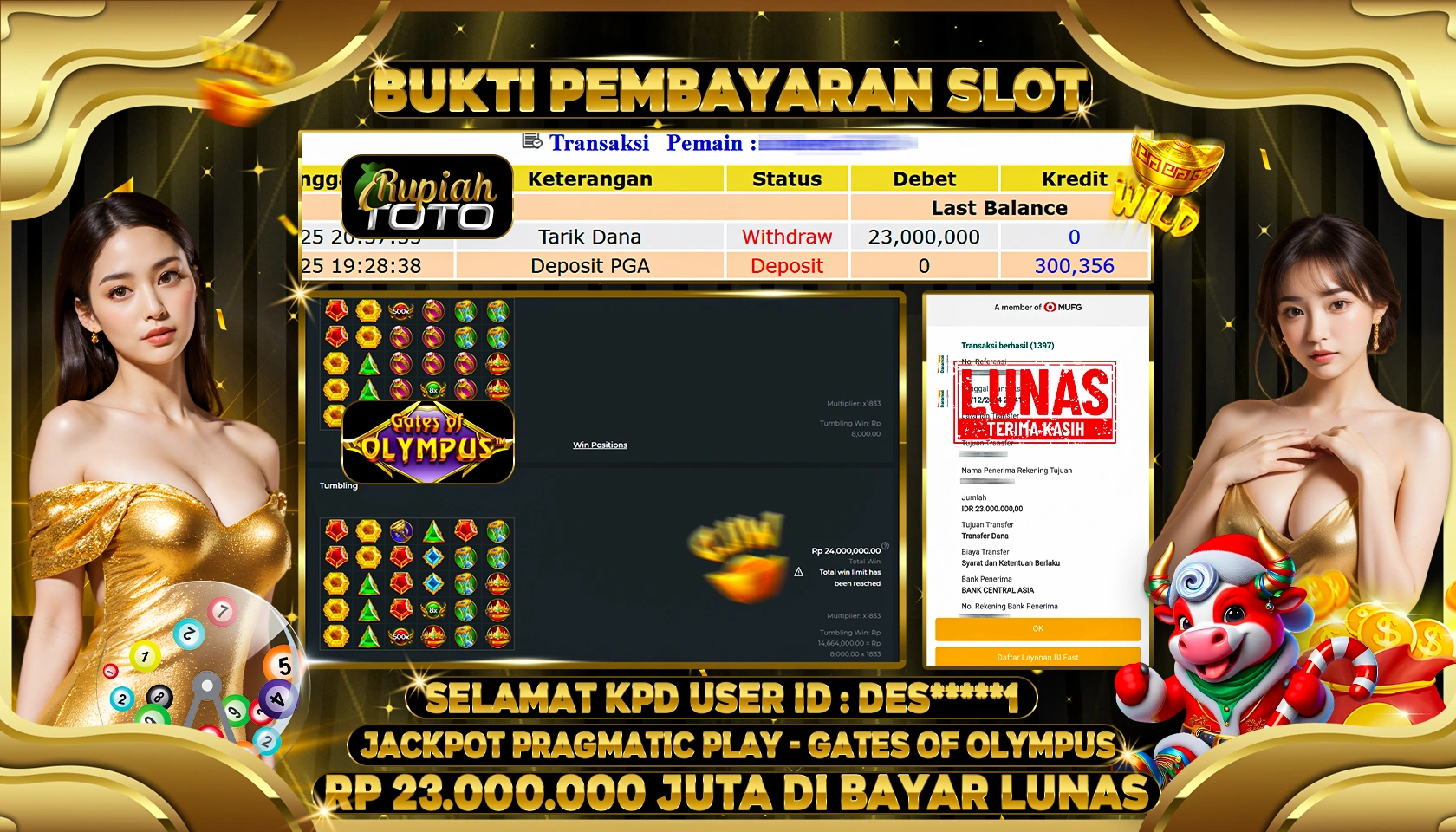 RUPIAHTOTO JACKPOT SLOT GAMES GATES OF OLYMPUS RP 23.000.000 JUTA LUNAS