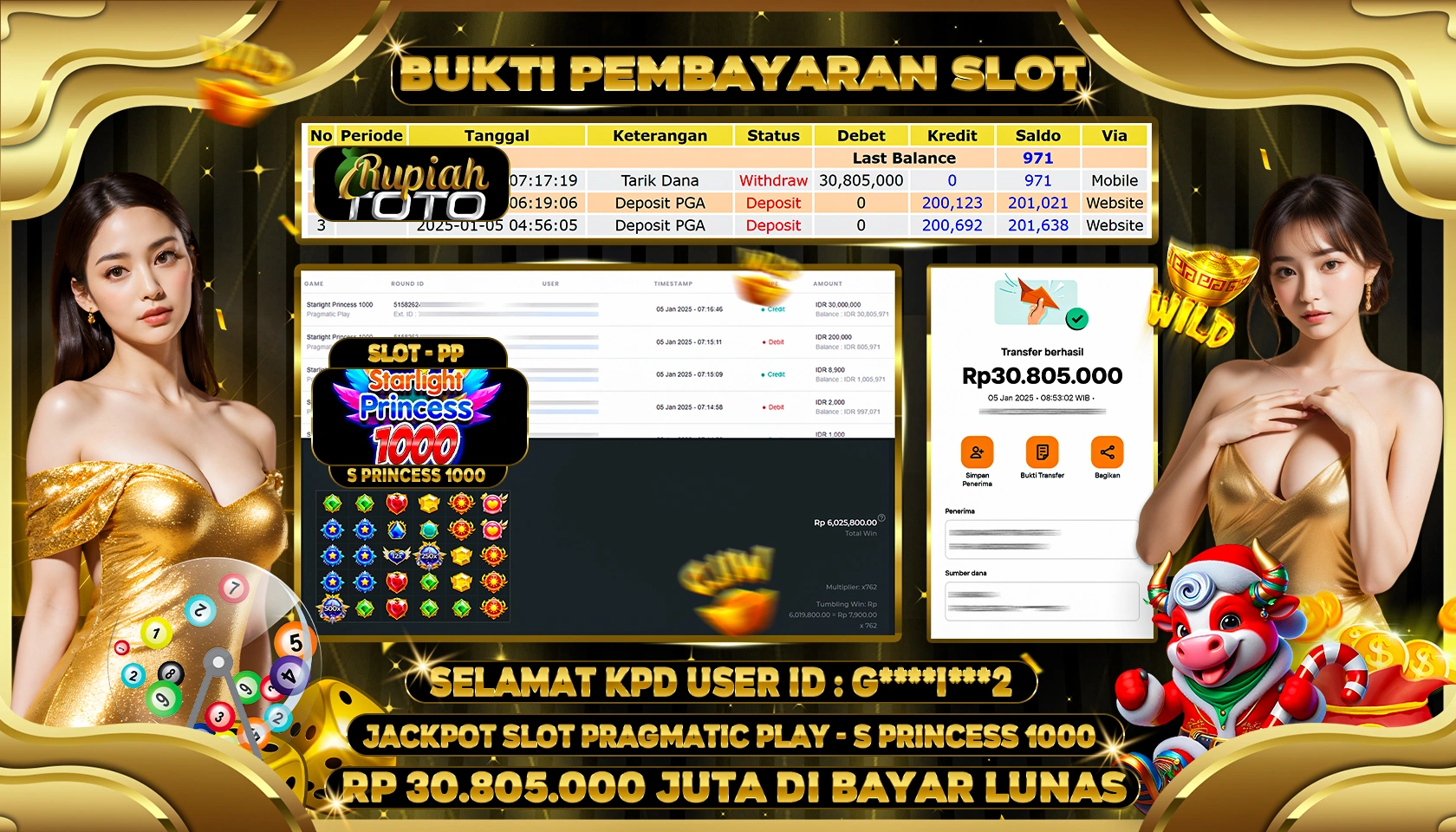 RUPIAHTOTO JACKPOT SLOT GAMES STARLIGHT PRINCESS 1000 RP 30.805.000 JUTA LUNAS