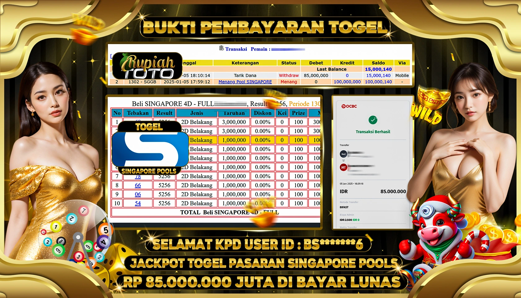 RUPIAHTOTO JACKPOT TOGEL PASARAN SINGAPORE POOLS RP 85.000.000 JUTA LUNAS