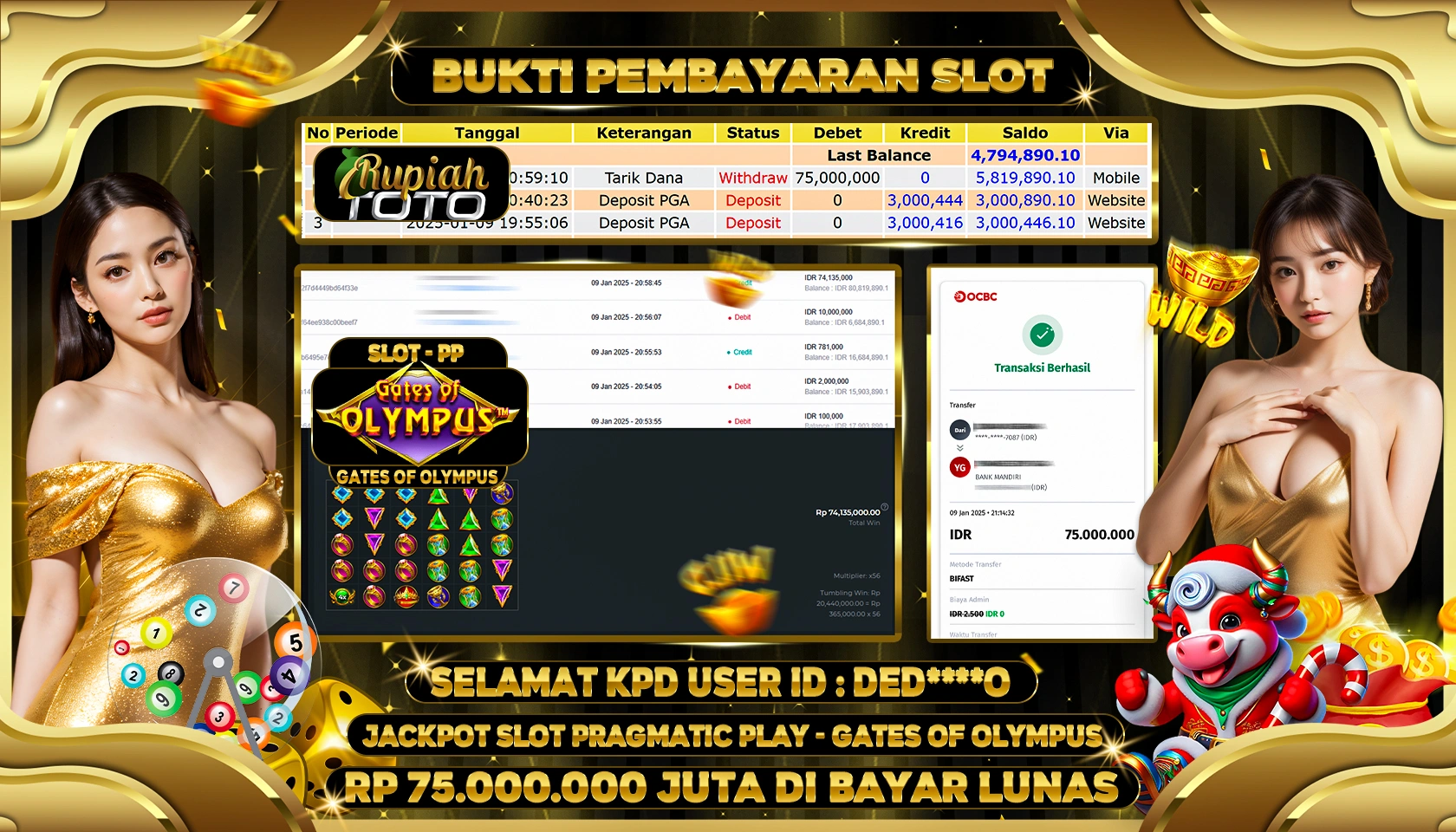 RUPIAHTOTO JACKPOT SLOT GAMES GATES OF OLYMPUS RP 75.000.000 JUTA LUNAS