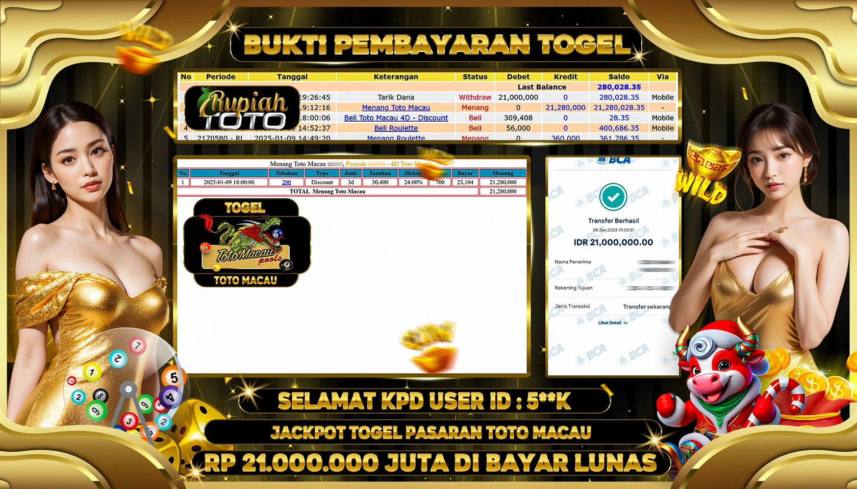 RUPIAHTOTO JACKPOT TOGEL PASARAN TOTO MACAU 4D RP 21.000.000 JUTA LUNAS