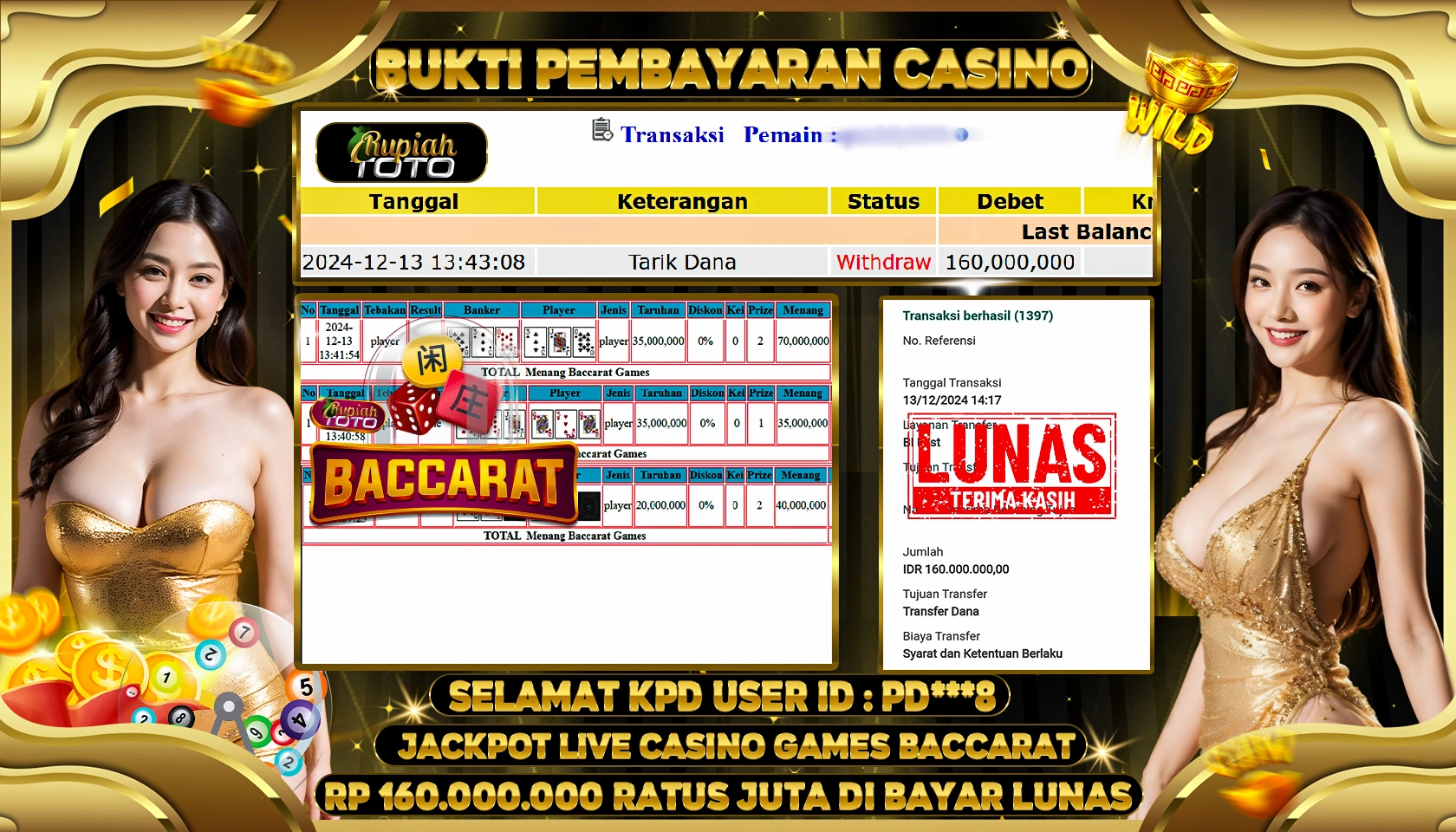 RUPIAHTOTO JACKPOT CASINO GAMES BACCARAT RP. 160.000.000 JUTA LUNAS