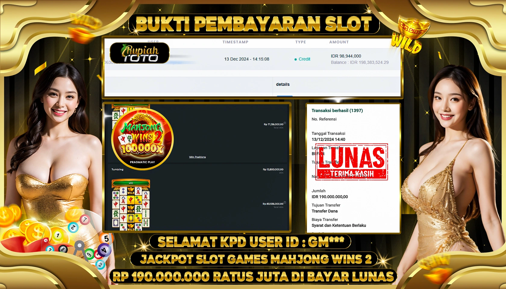 RUPIAHTOTO JACKPOT SLOT GAMES MAHJONG WINS 2 RP. 190.000.000 JUTA LUNAS
