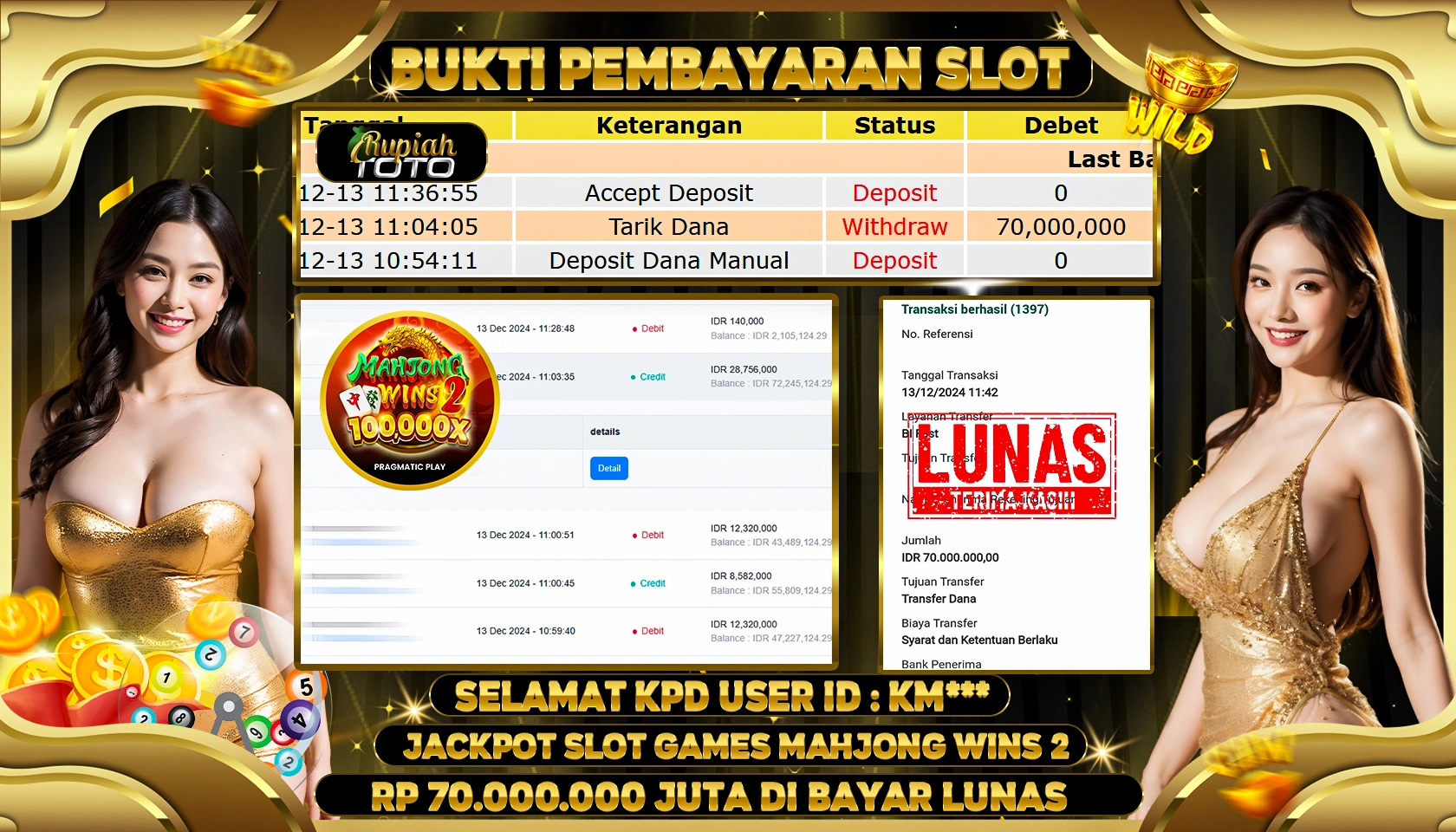 RUPIAHTOTO JACKPOT SLOT GAMES MAHJONG WINS 2 RP. 70.000.000 JUTA LUNAS