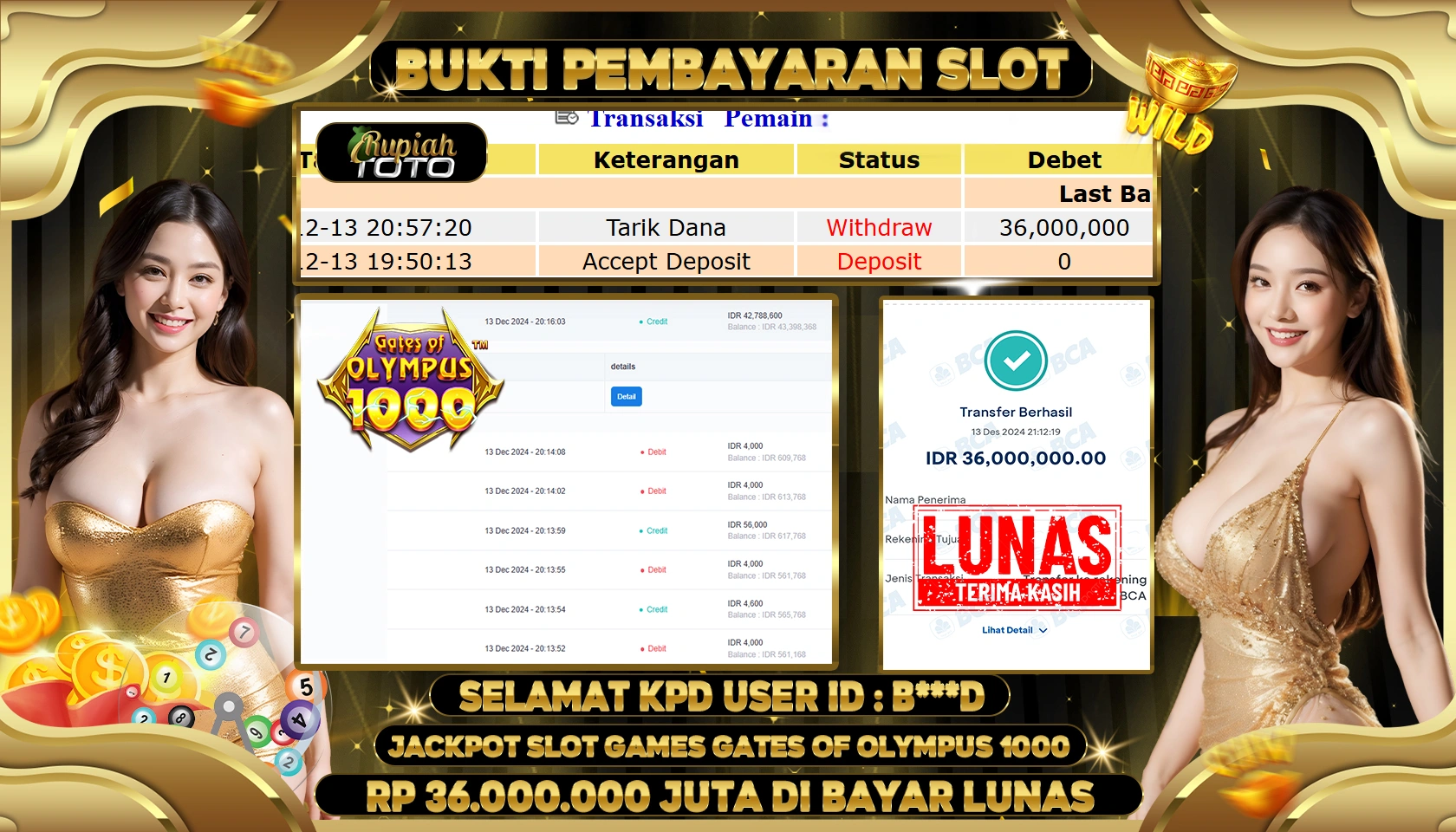 RUPIAHTOTO JACKPOT SLOT GAMES GATES OF OLYMPUS 1000 RP. 36.000.000 JUTA LUNAS