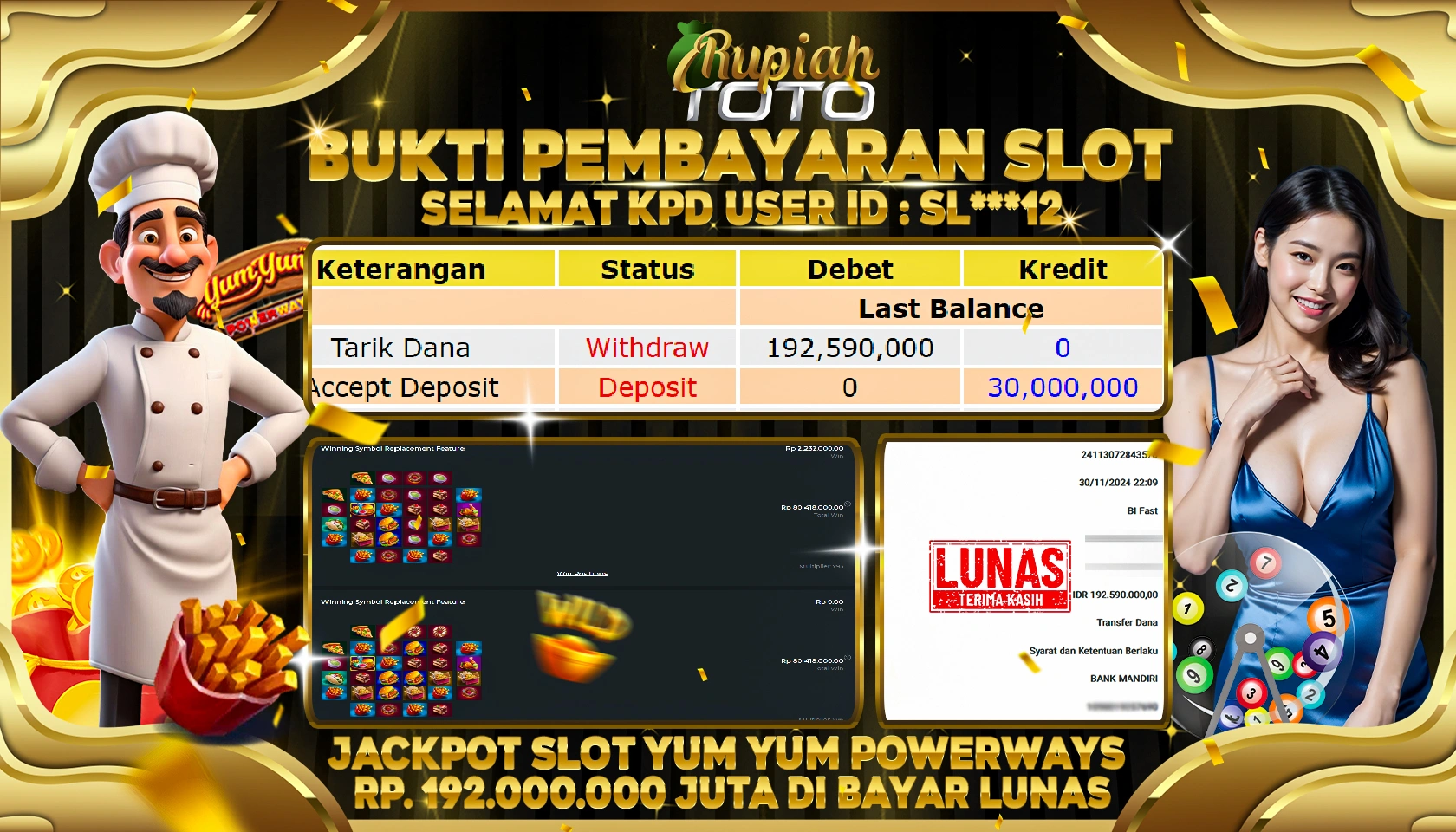 RUPIAHTOTO JACKPOT SLOT YUM YUM POWERWAYS RP.192.000.000 JUTA LUNAS