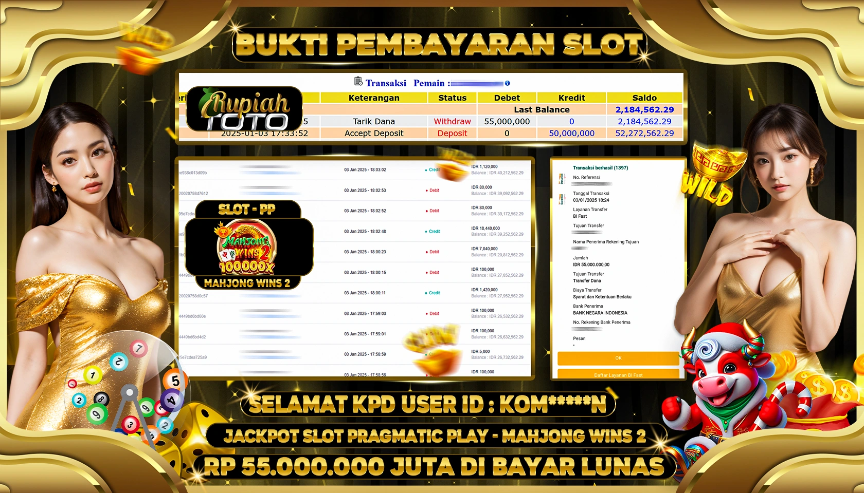 RUPIAHTOTO JACKPOT SLOT GAMES MAHJONG WINS 2 RP 55.000.000 JUTA LUNAS