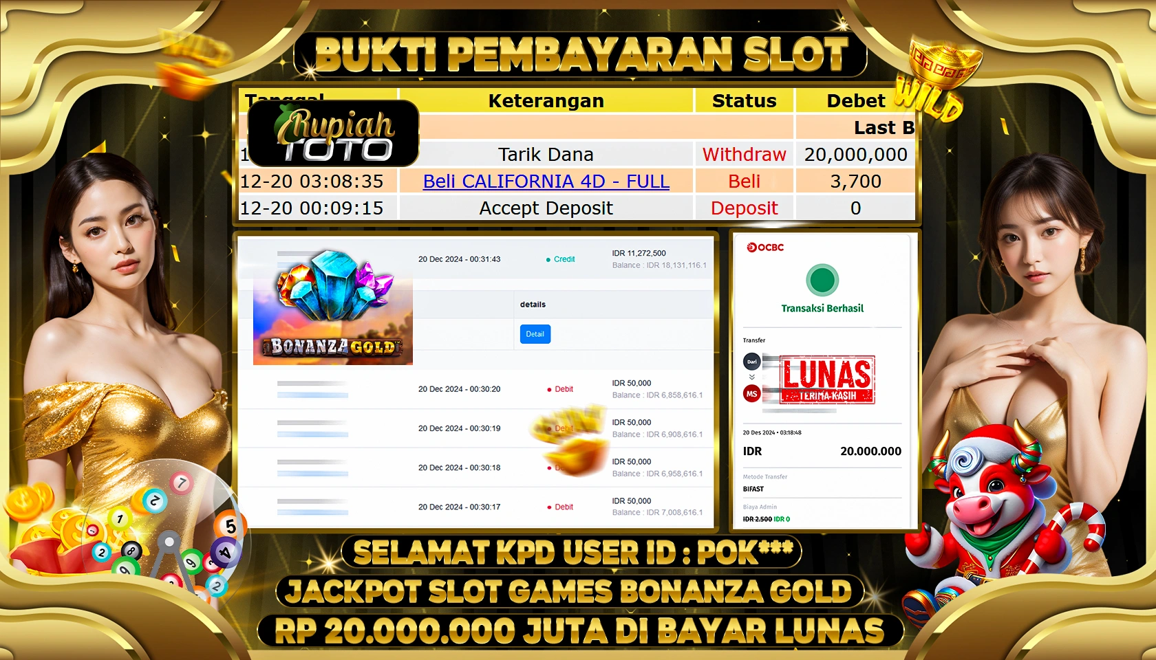 RUPIAHTOTO JACKPOT SLOT GAMES BONANZA GOLD RP.20.000.000 JUTA LUNAS