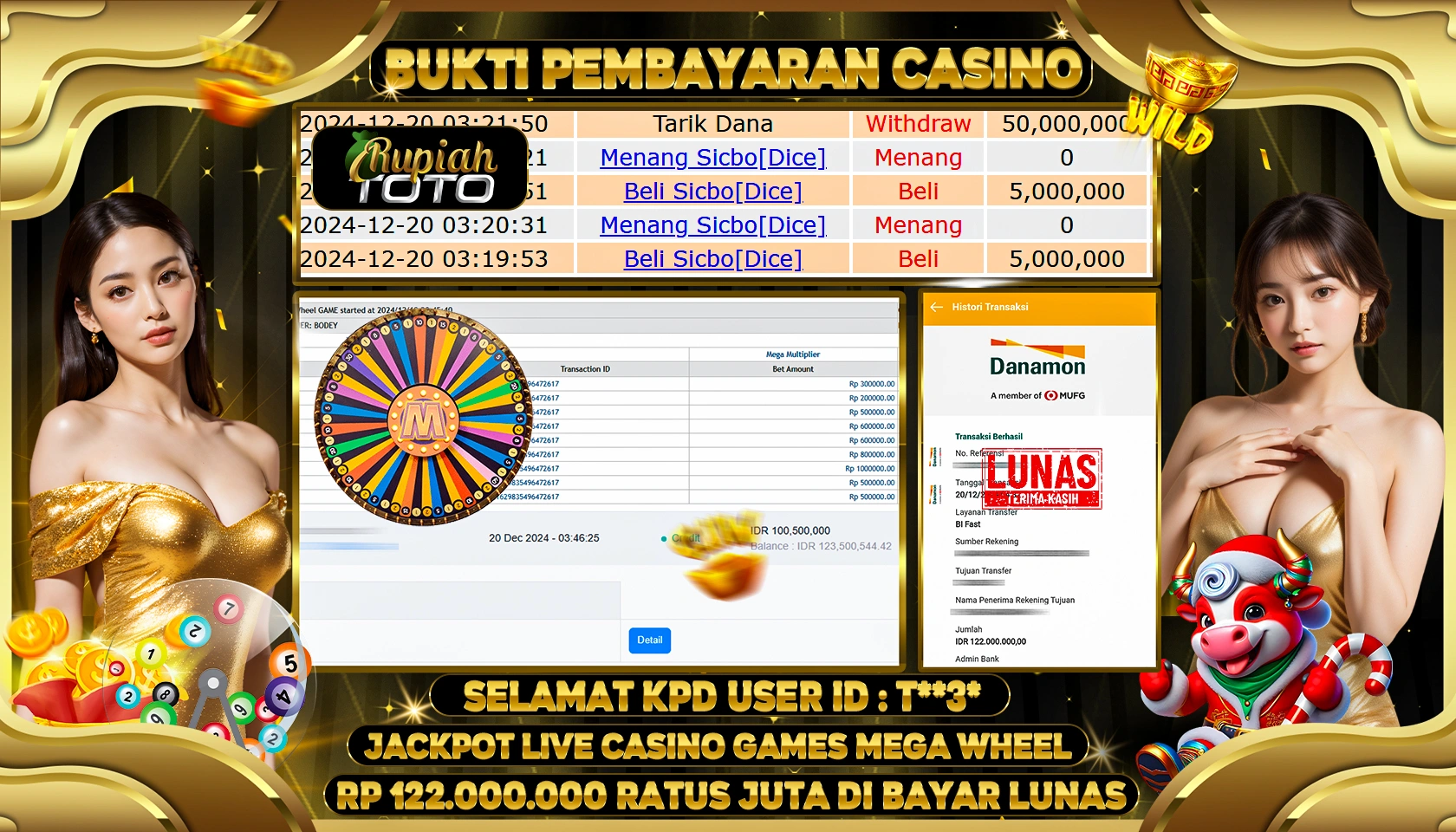 RUPIAHTOTO JACKPOT CASINO GAMES MEGA WHEEL RP.122.000.000 RATUS JUTA LUNAS