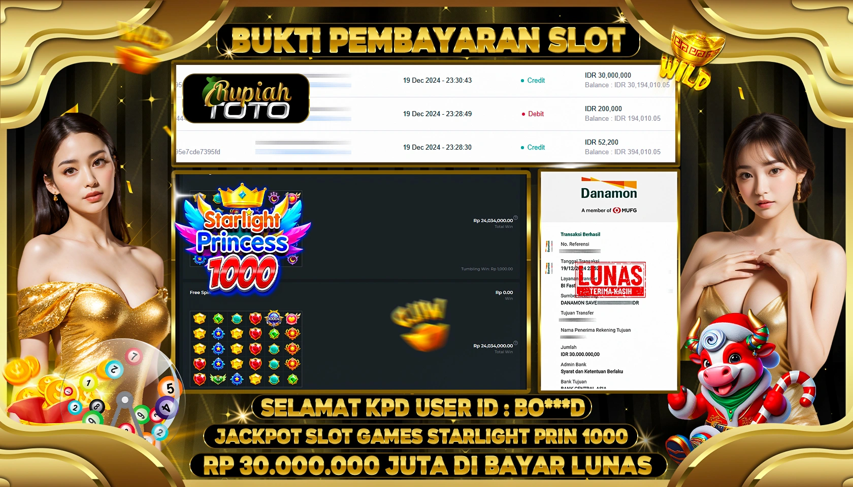 RUPIAHTOTO JACKPOT SLOT GAMES STARLIGHT PRINCES 1000 RP.30.000.000 JUTA LUNAS