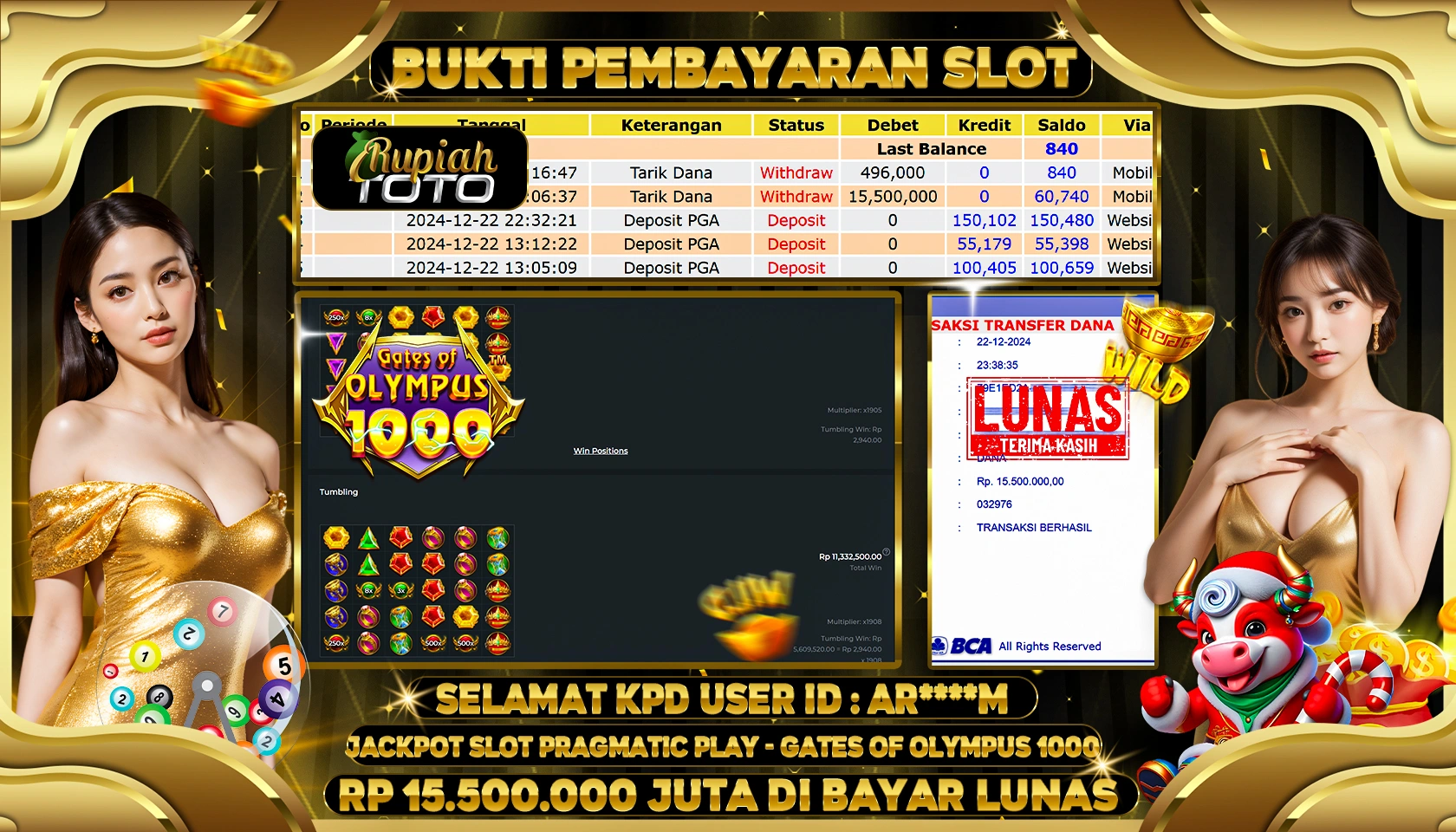 RUPIAHTOTO JACKPOT SLOT GAMES GATES OF OLYMPUS RP 15.500.000 JUTA LUNAS