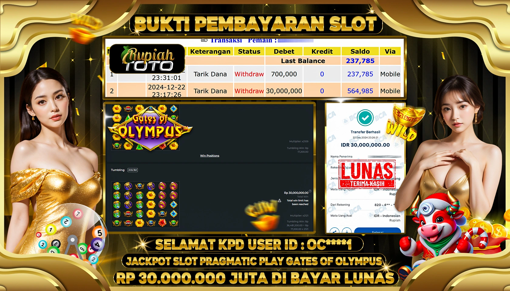 RUPIAHTOTO JACKPOT SLOT GAMES GATES OF OLYMPUS RP 30.000.000 JUTA LUNAS