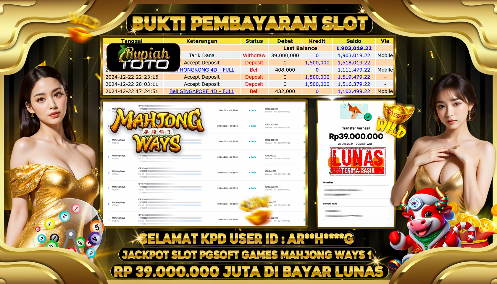 RUPIAHTOTO JACKPOT SLOT GAMES MAHJONG WAYS 1 RP 39.000.000 JUTA LUNAS