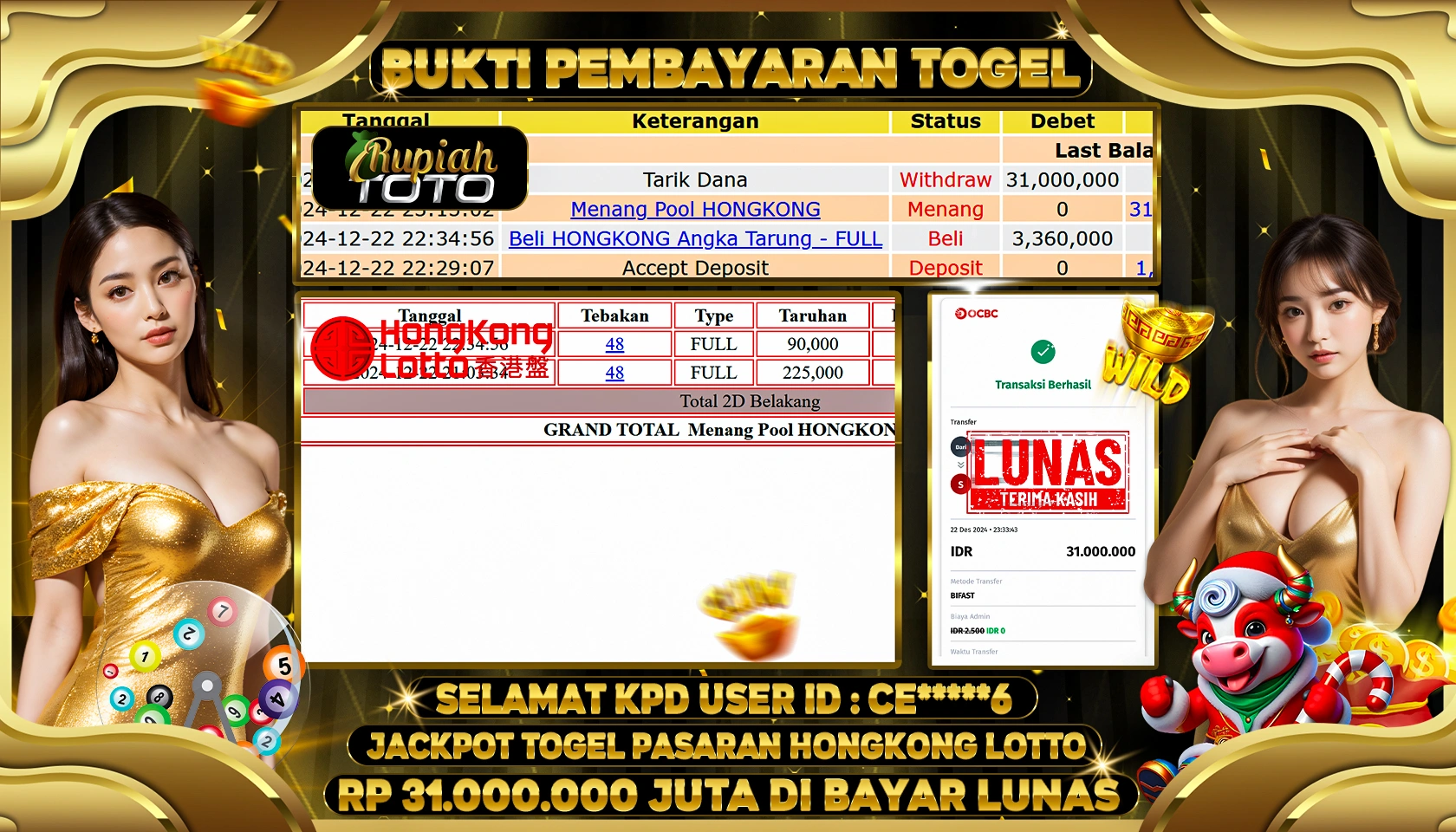 RUPIAHTOTO JACKPOT TOGEL PASARAN HONGKONG LOTTO RP 31.000.000 JUTA LUNAS