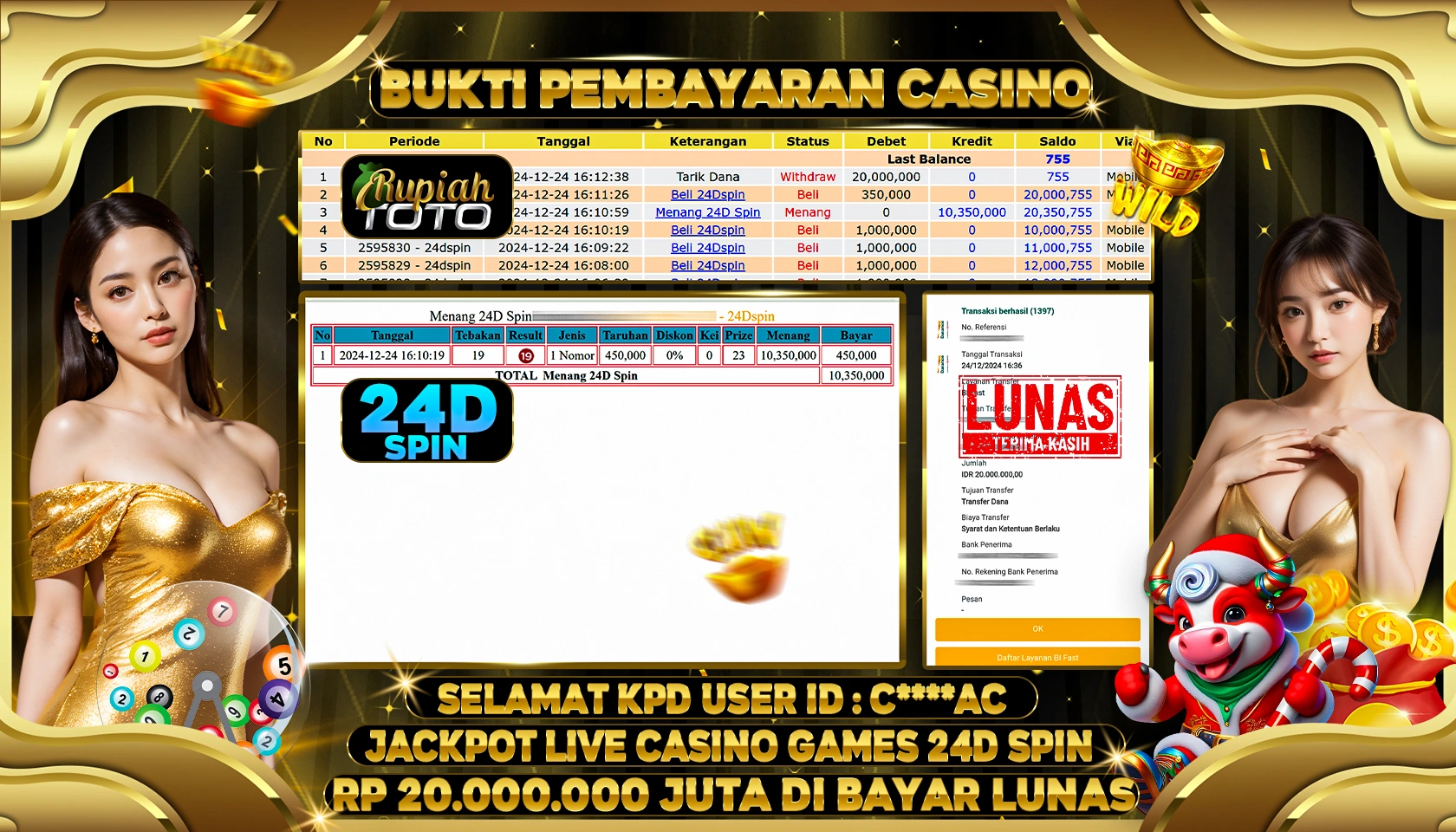 RUPIAHTOTO JACKPOT CASINO DI GAMES 24D SPIN RP 20.000.000 JUTA LUNAS