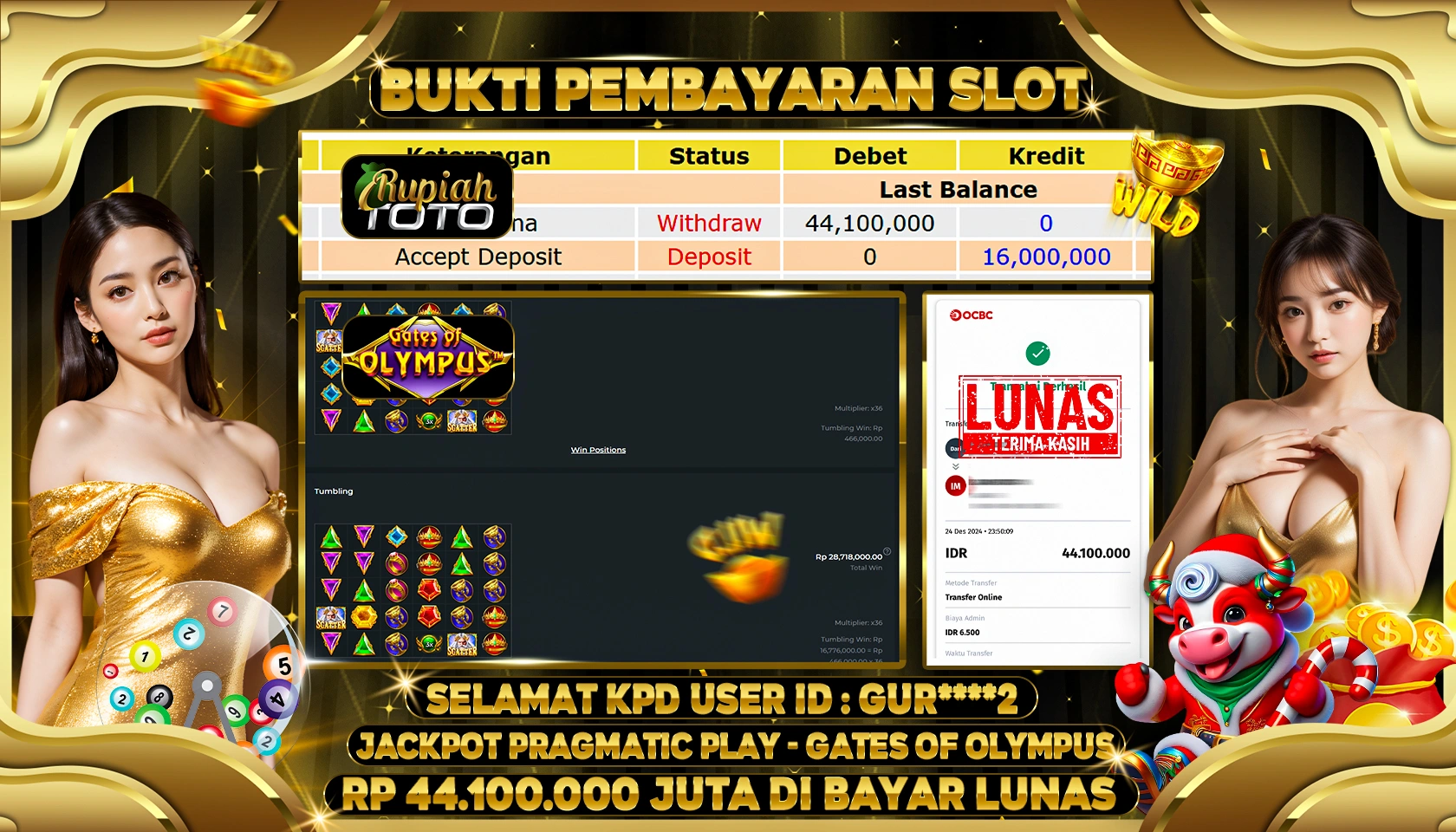 RUPIAHTOTO JACKPOT SLOT GAMES GATES OF OLYMPUS RP 44.100.000 JUTA LUNAS