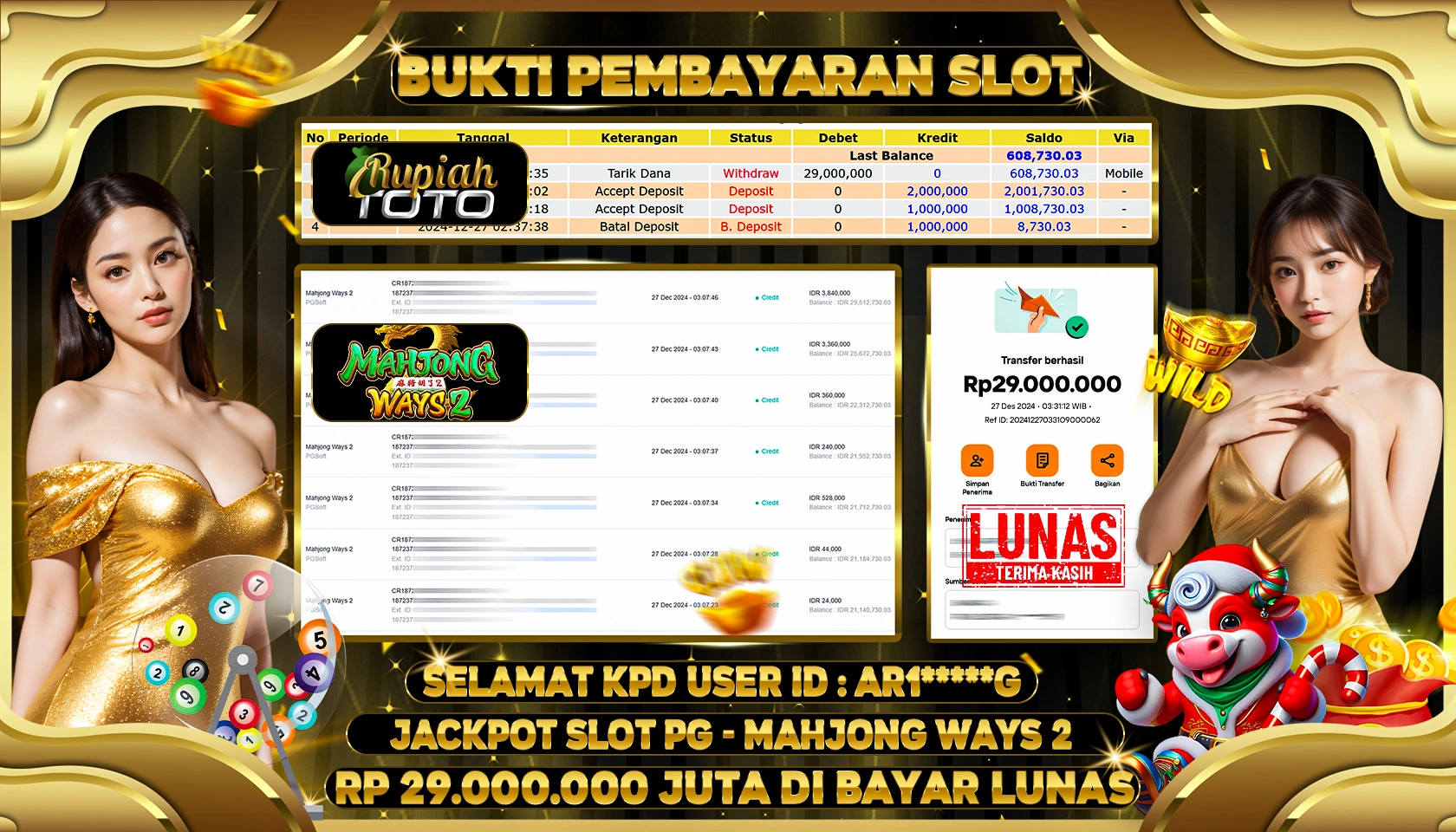 RUPIAHTOTO JACKPOT SLOT GAMES MAHJONG WAYS 2  RP 29.000.000 JUTA LUNAS