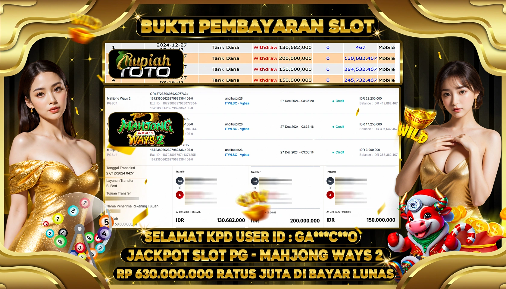 RUPIAHTOTO JACKPOT SLOT GAMES MAHJONG WAYS 2  RP 630.000.000 RATUS JUTA LUNAS