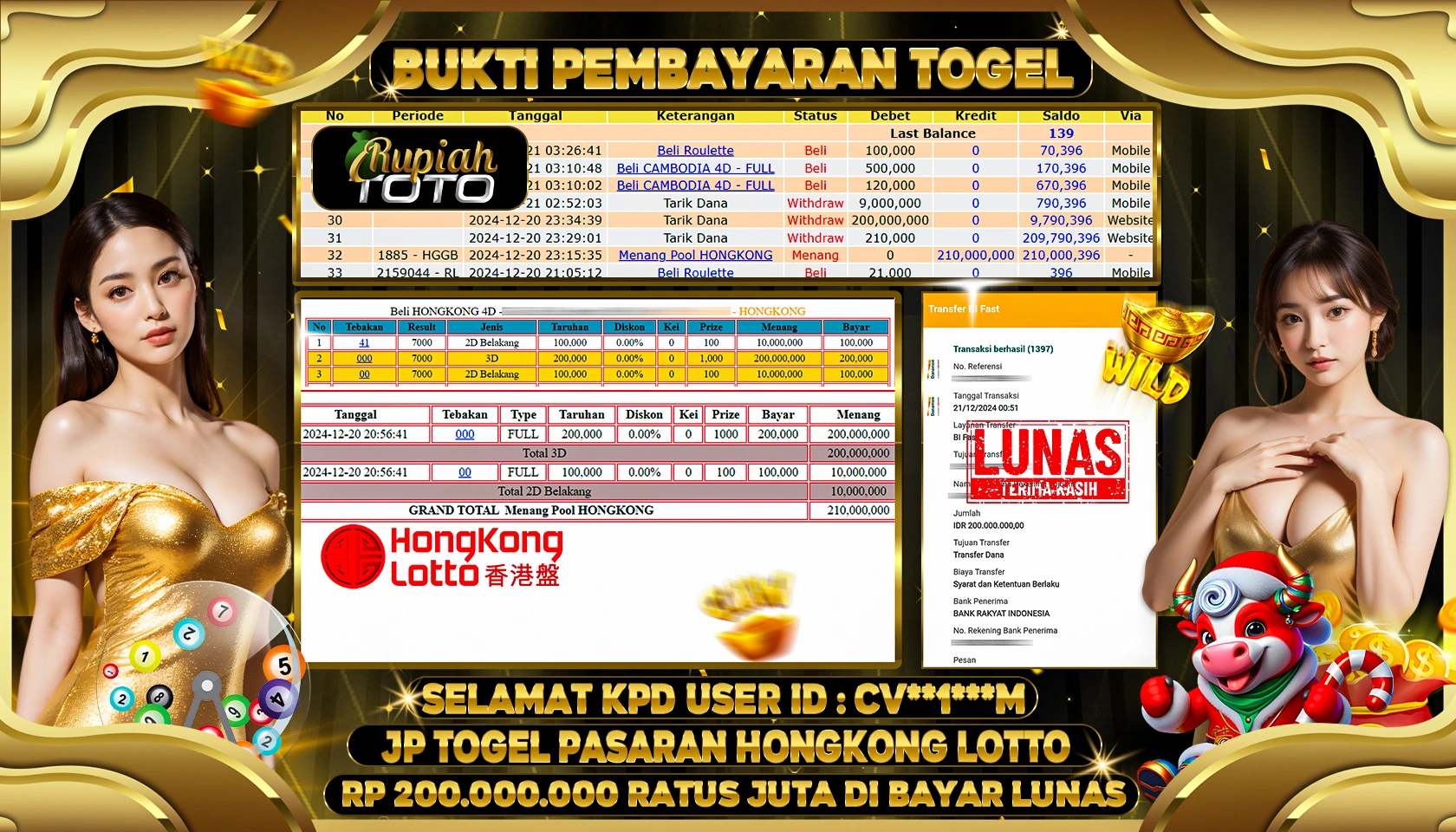 RUPIAHTOTO JACKPOT TOGEL PASARAN HONGKONG LOTTO RP 200.000.000 RATUS JUTA LUNAS