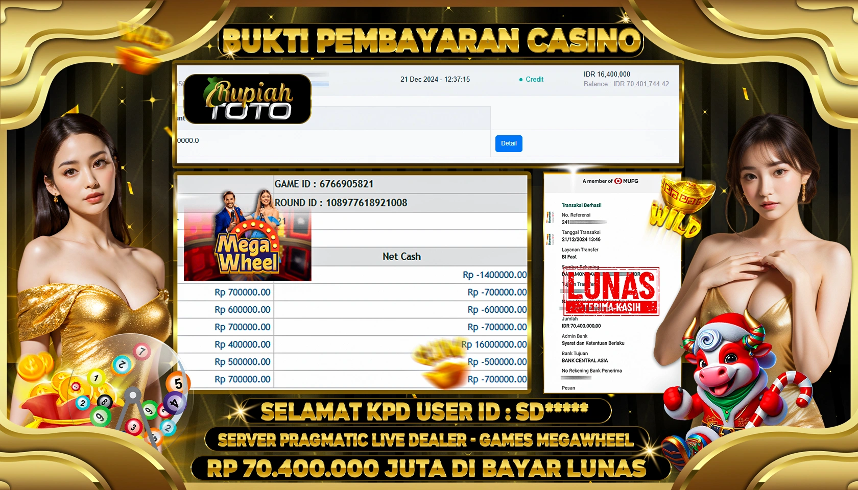 RUPIAHTOTO JACKPOT CASINO GAMES MEGAWHEEL RP.70.400.000 JUTA LUNAS