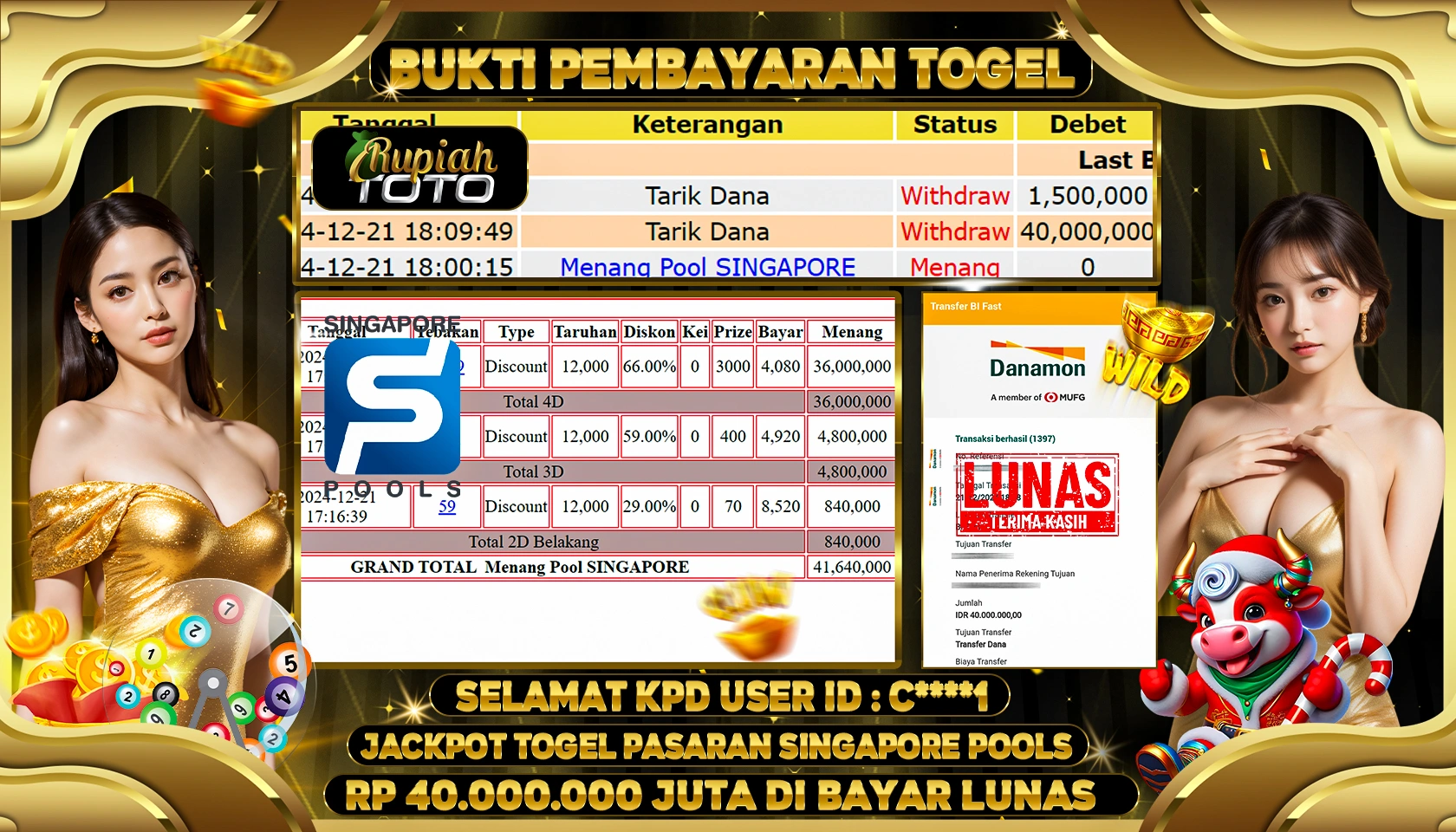 RUPIAHTOTO JACKPOT TOGEL PASARAN SINGAPORE POOLS RP.40.000.000 JUTA LUNAS